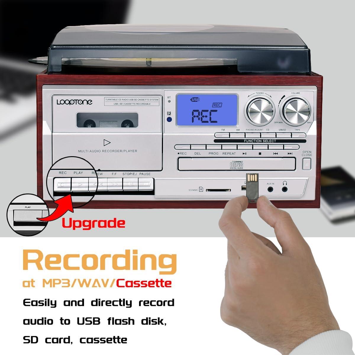Record Player 9 in 1 3 Speed Bluetooth Vintage Turntable CD Cassette Vinyl Player AM/FM Radio USB/SD Encoding Aux-in RCA Line-Out (Silver)
