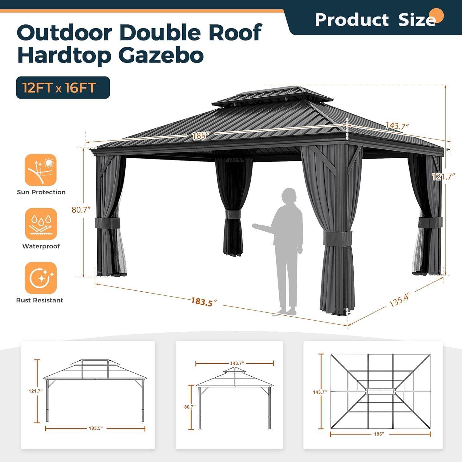 Sunmthink 12' x 16' Outdoor Hardtop Gazebo, Galvanized Double Roof Gazebo with Curtain and Netting for Patio, Garden, Lawn, Party