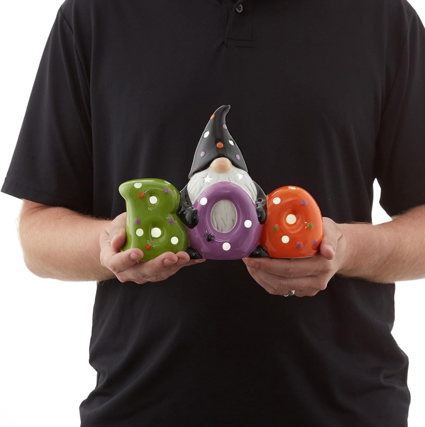 Pre-Lit Ceramic Halloween BOO Gnome Hand-Painted Tabletop Decor