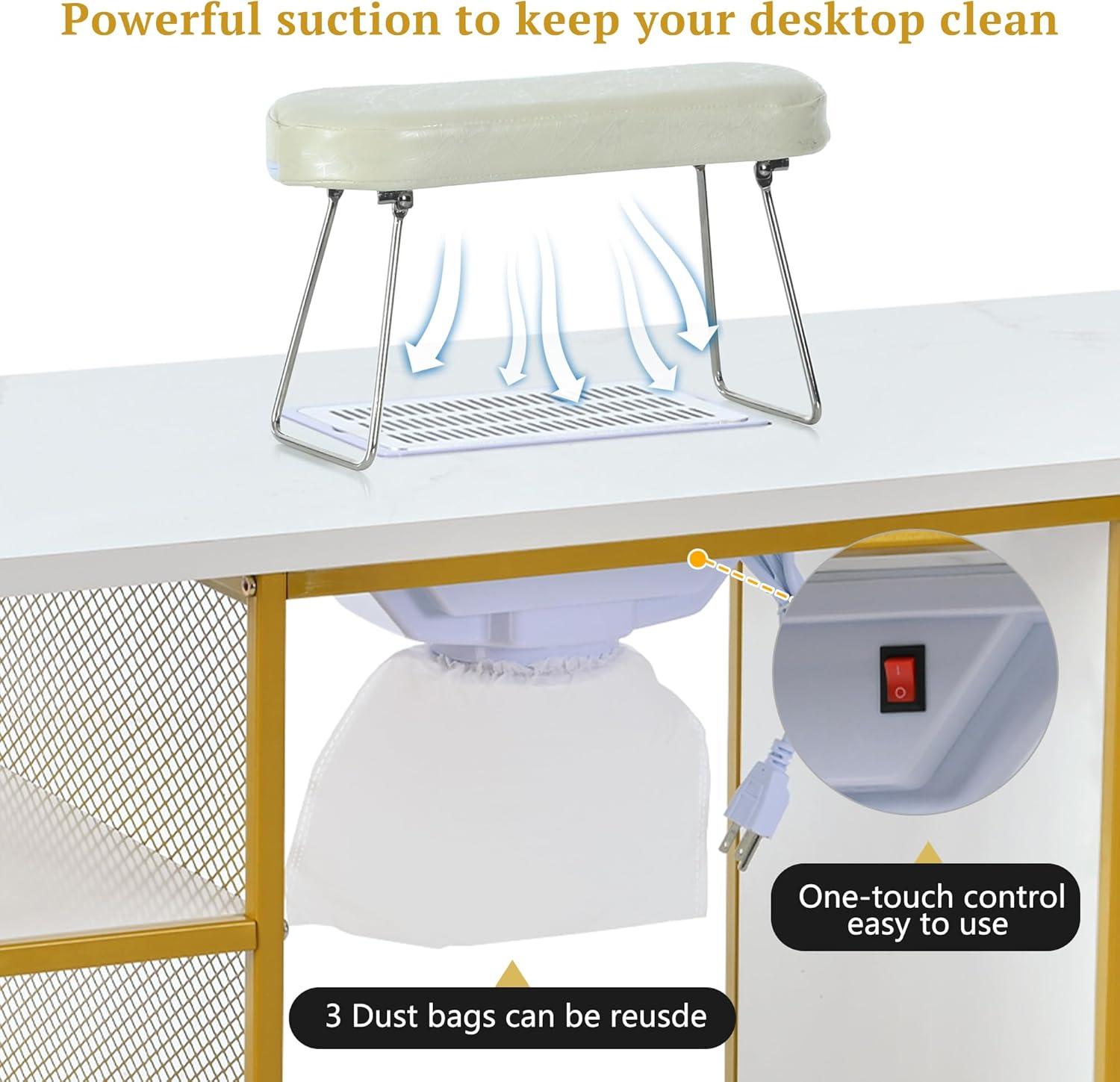 Manicure Table, Marbling Texture Nail Table with Electric Downdraft Vent, Wrist Cushion, Lockable Wheels, Storage Layers, Storage Cabinet Nail Station