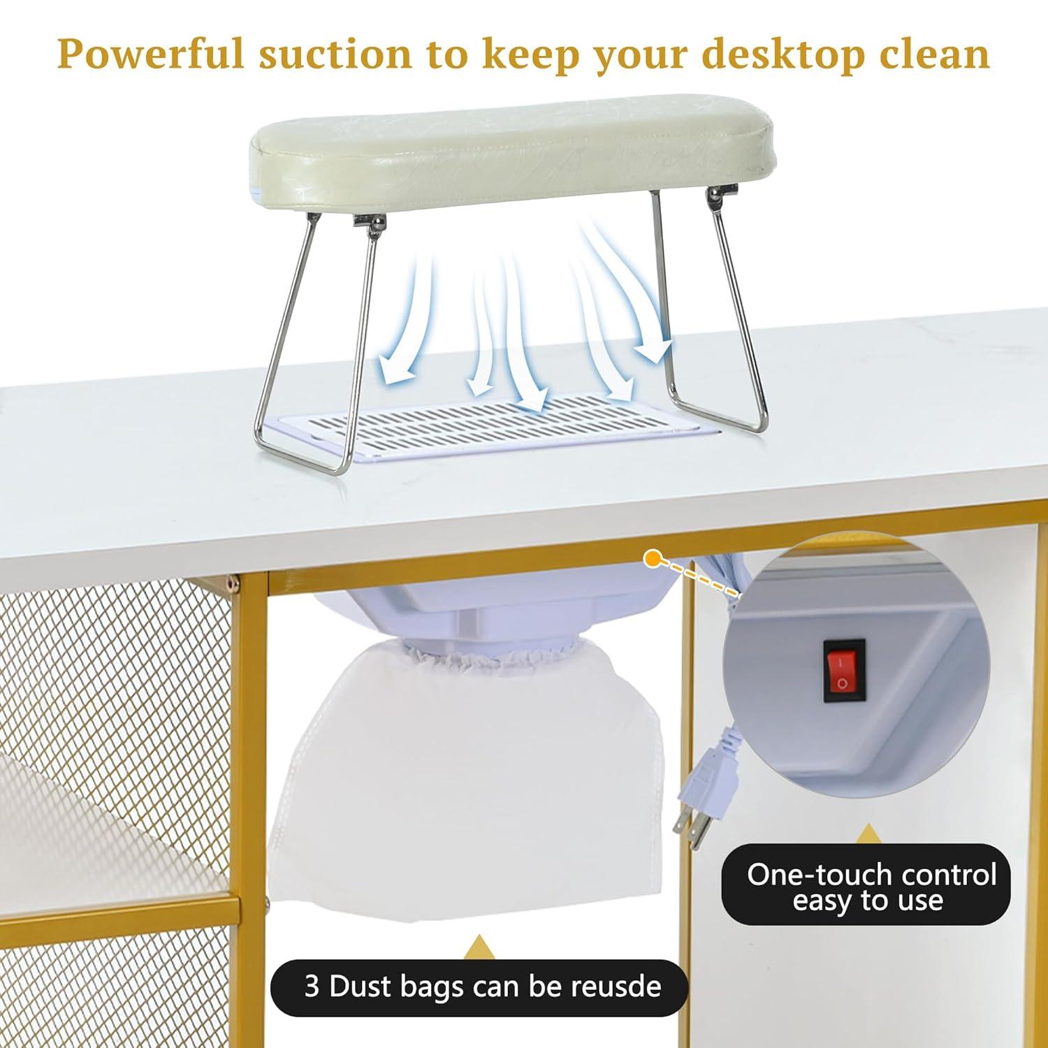 Manicure Table, Marbling Texture Nail Table with Electric Downdraft Vent, Wrist Cushion, Lockable Wheels, Storage Layers, Storage Cabinet Nail Station