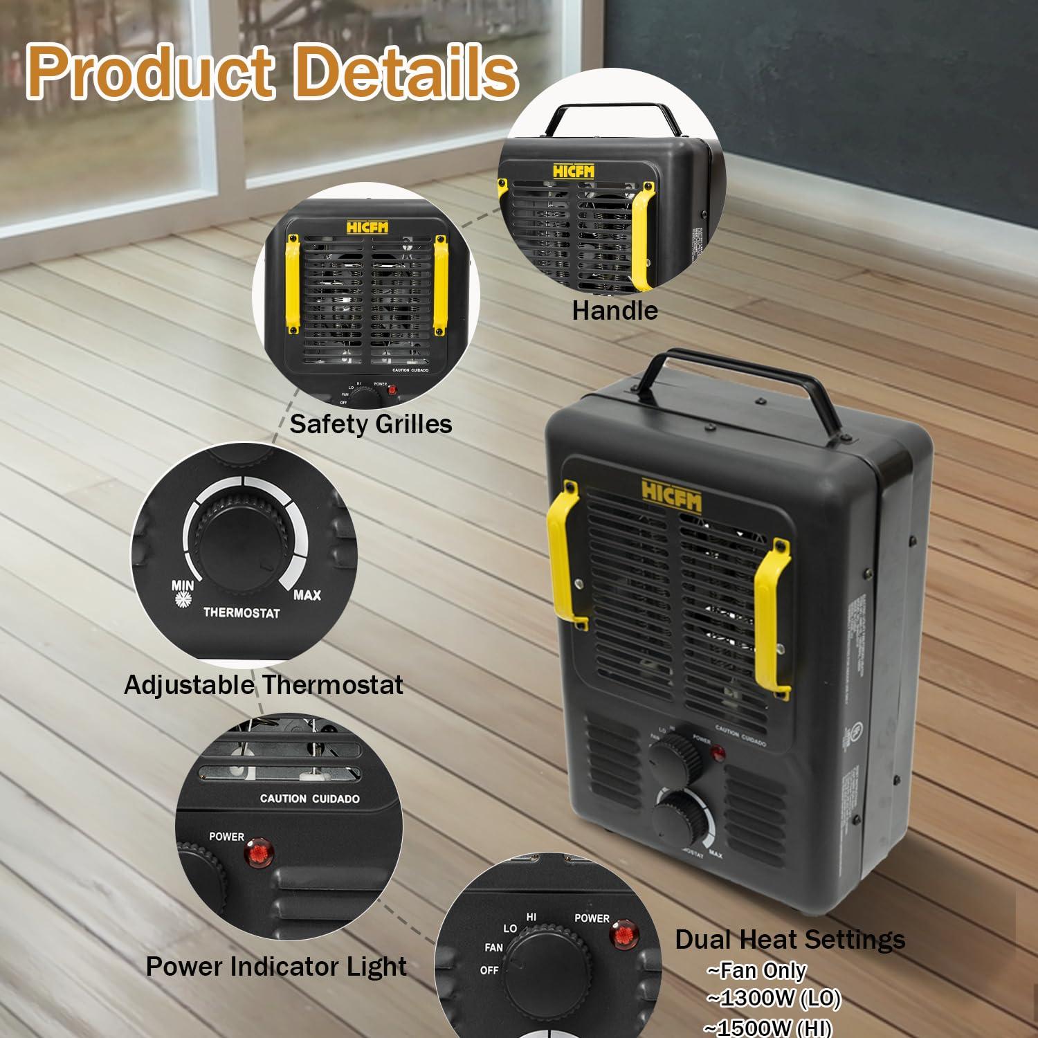 HiCFM Milkhouse Space Heater, 1300W/1500W Electric Heater with Thermostat, Safe and Quiet for Home Office Garage Workshop - UL Safety Listed