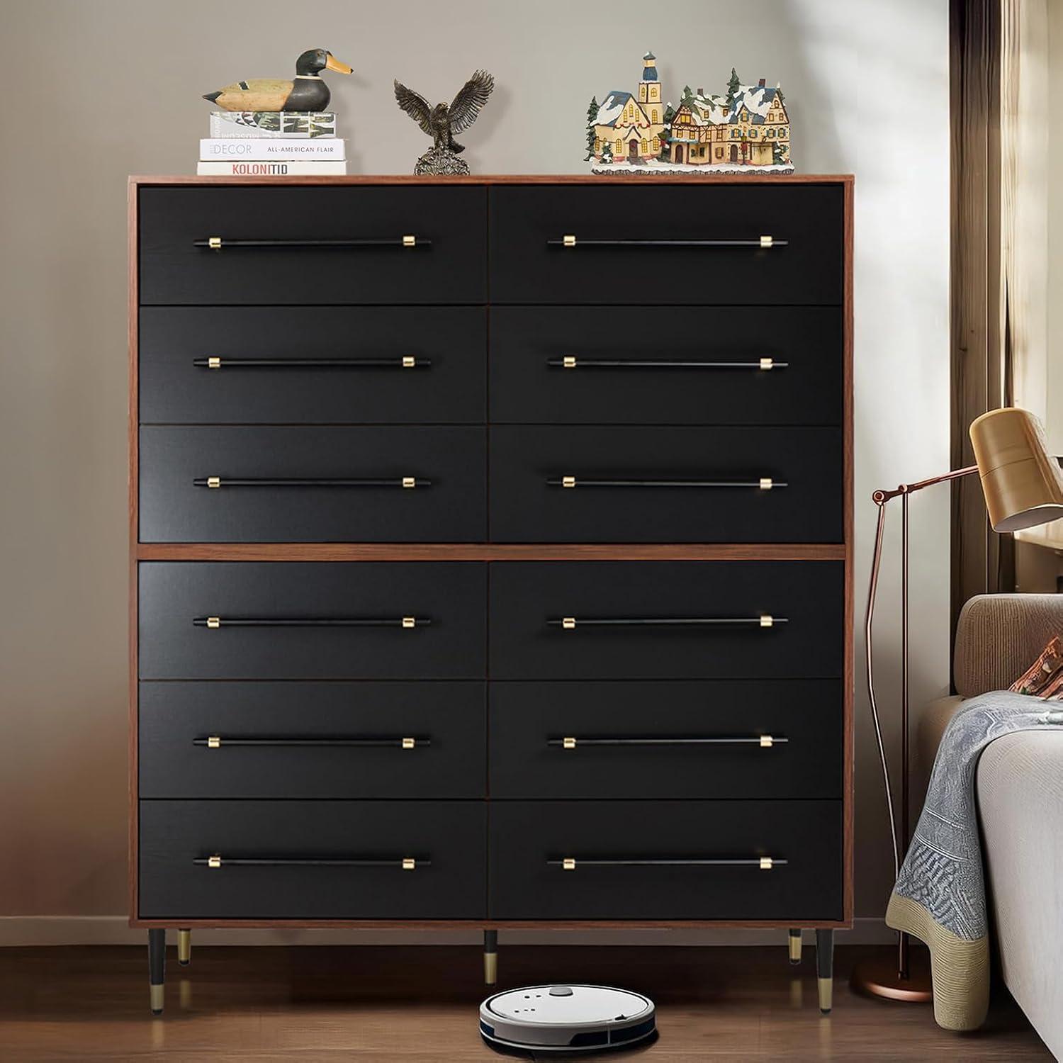 Finnhomy 6 Drawer Dresser for Bedroom, Mid Century Modern Dressers with Black Drawers, Wood Gold Dresser & Chest of Drawer with Wide Metal Handle Wooden Dresser for Bedroom/Living Room/Hallway