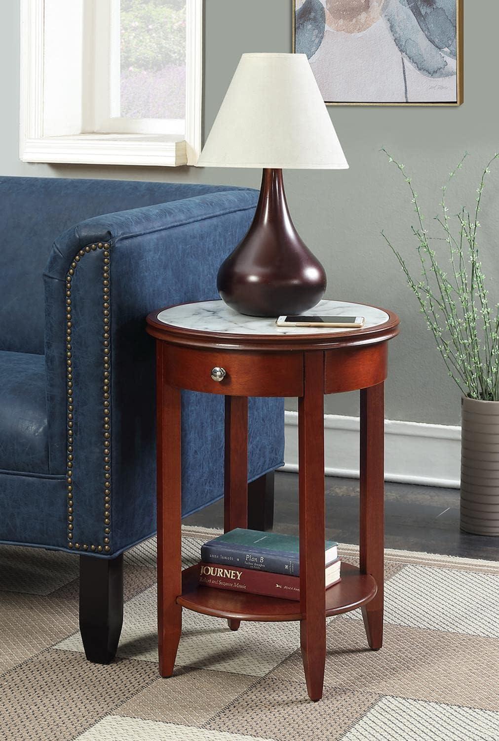 Traditional Mahogany Round End Table with White Faux Marble Top and Storage