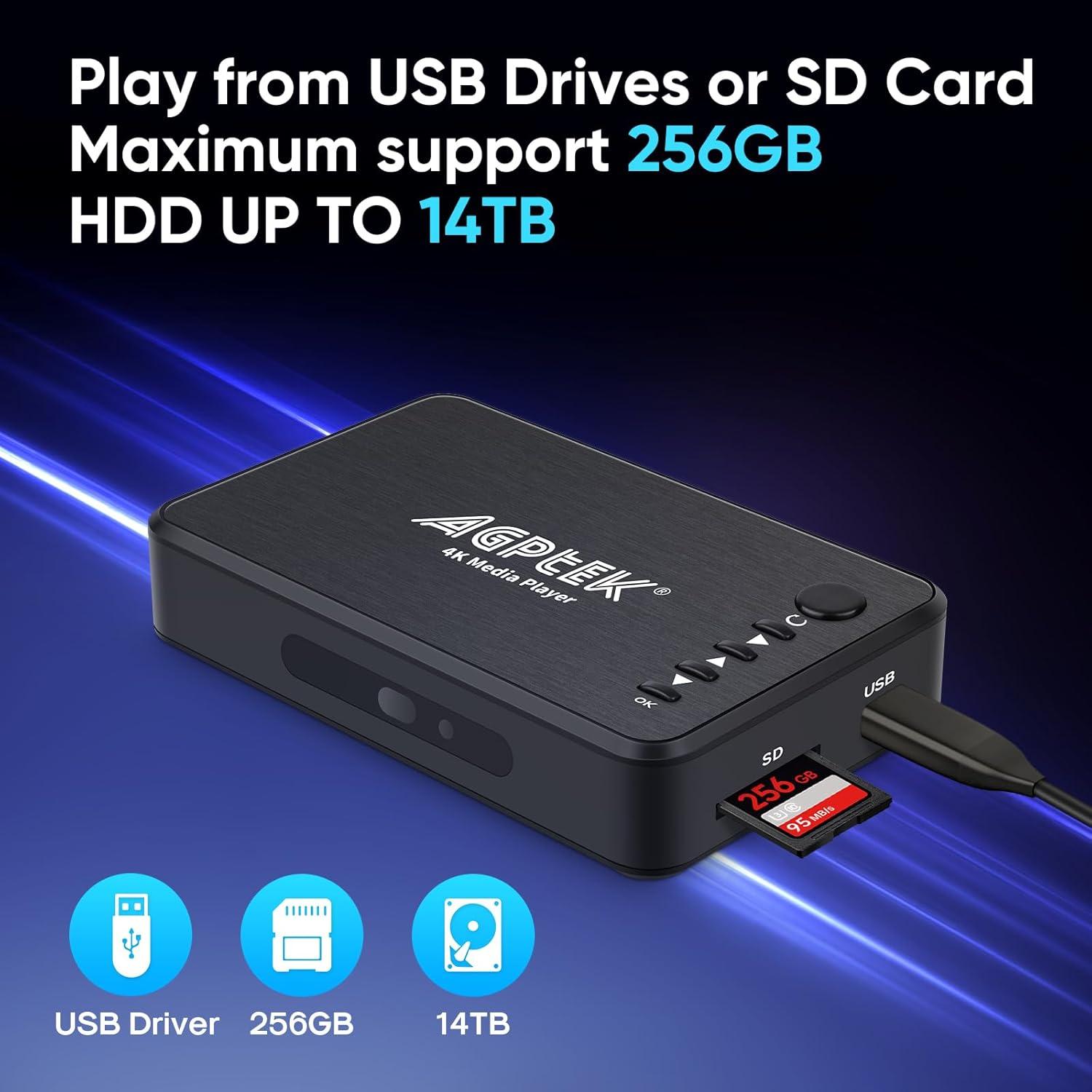AGPTEK Updated 4K@30hz HDMI TV Media Player with HDMI/AV/VGA Output, Digital MP4 Player for 14TB HDD/ 256G USB Drive/SD Card/H.265 MP4, with Remote Control for MP3 AVI RMVB MPEG etc