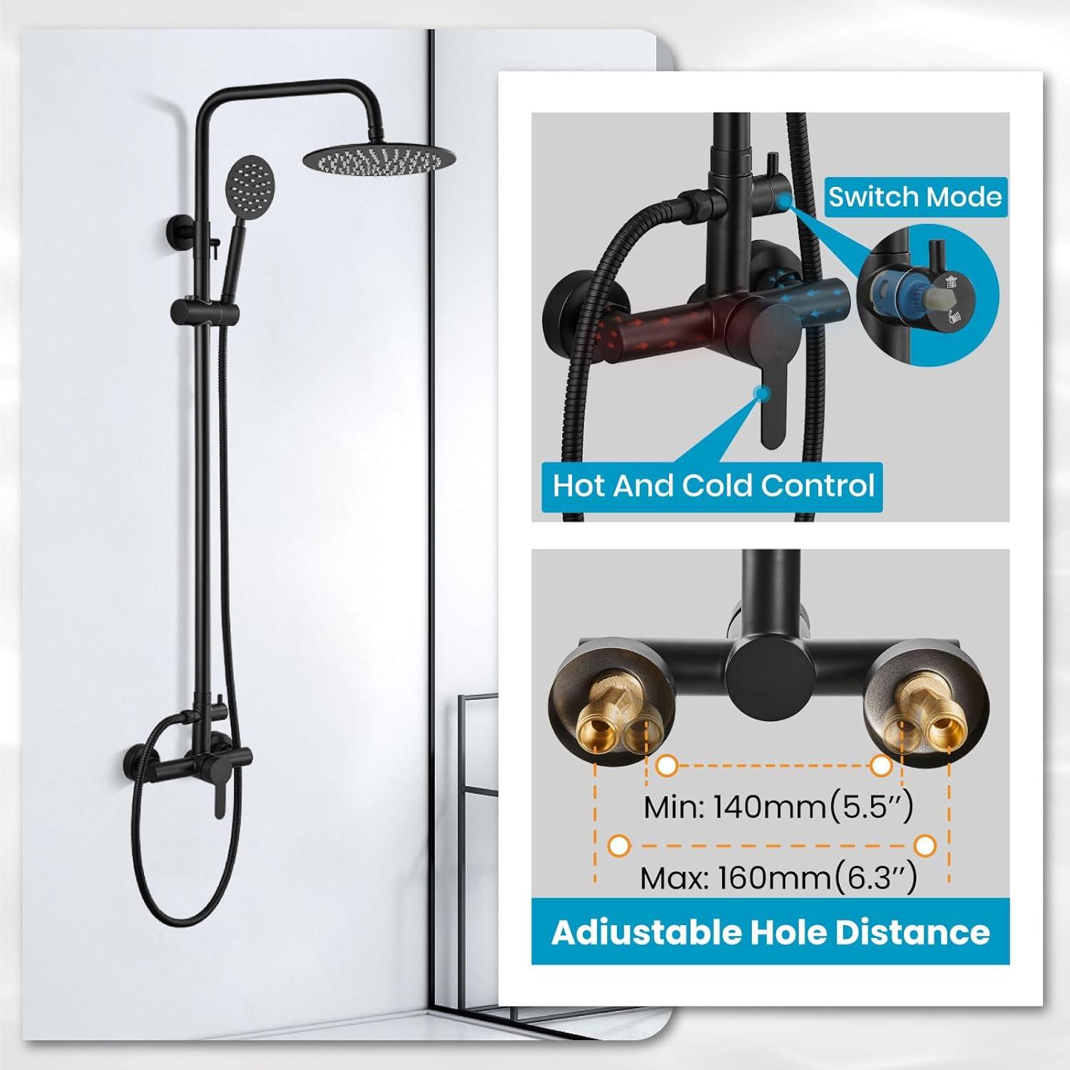 gotonovo SUS304 Outdoor Shower Fixture High Pressure Shower System Wall Mount 2 Dual Function Single Handle Shower Kit with 8 Inch Shower Head and Handheld Spray Shower Faucet Combo, Matte Black