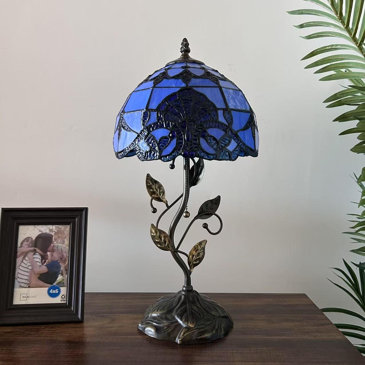 Tiffany Table Lamp Blue Stained Glass Baroque Style Lavender Iron Metal Leaves Bronze Base Included LED Bulb for Living Room Bedroom Bedside 10"W*10"D*20"H