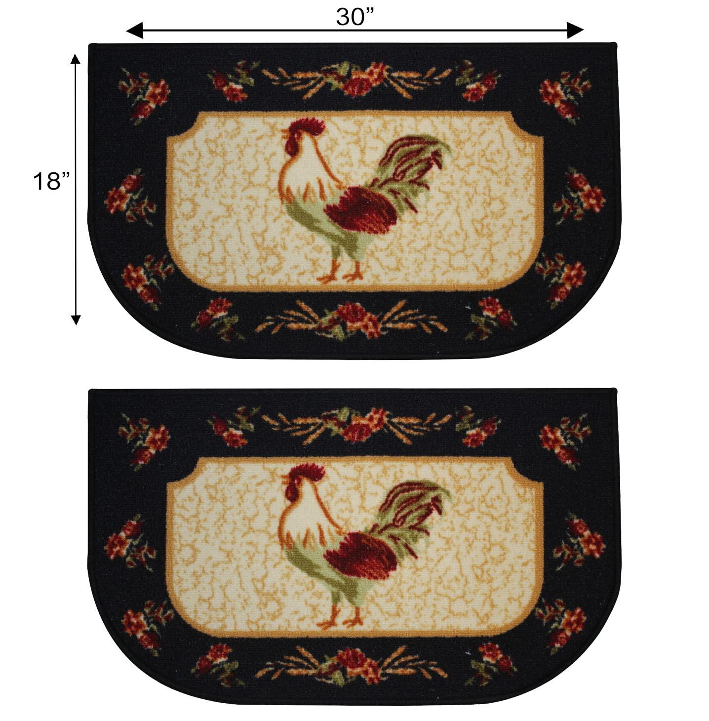 Kashi Home Kitchen Rug, Printed Area Rug, Durable Floor, Door Mat, Farmhouse Non-Slip Carpet Latex Backing Beautiful Design Rooster 3pc Set (2 18x30 D Shape & 1 20x40)