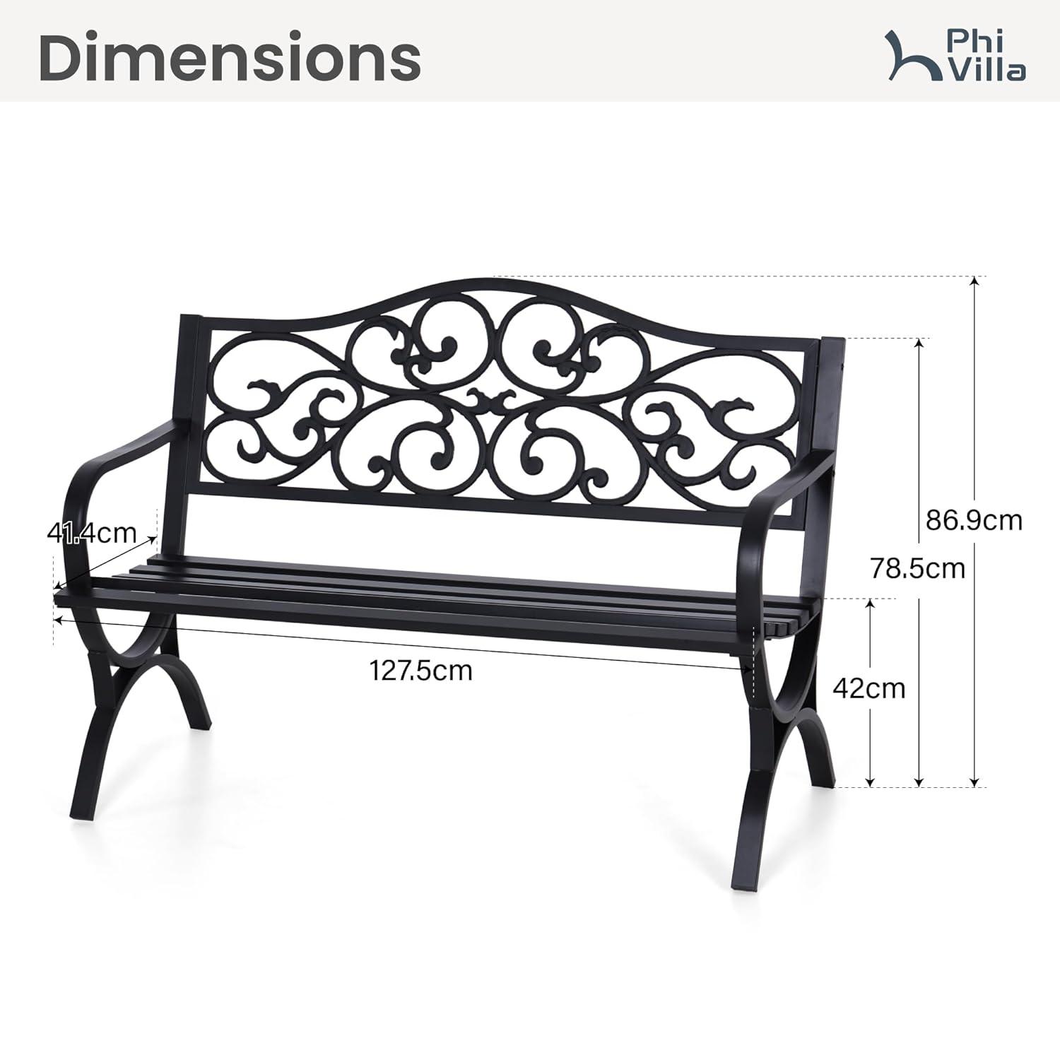 PHI VILLA 50-Inch Cast Iron Steel Frame Garden Bench Outdoor Patio Bench Chair w/Floral Design Backrest, Slatted Seat for Park, Yard & Porch, Black