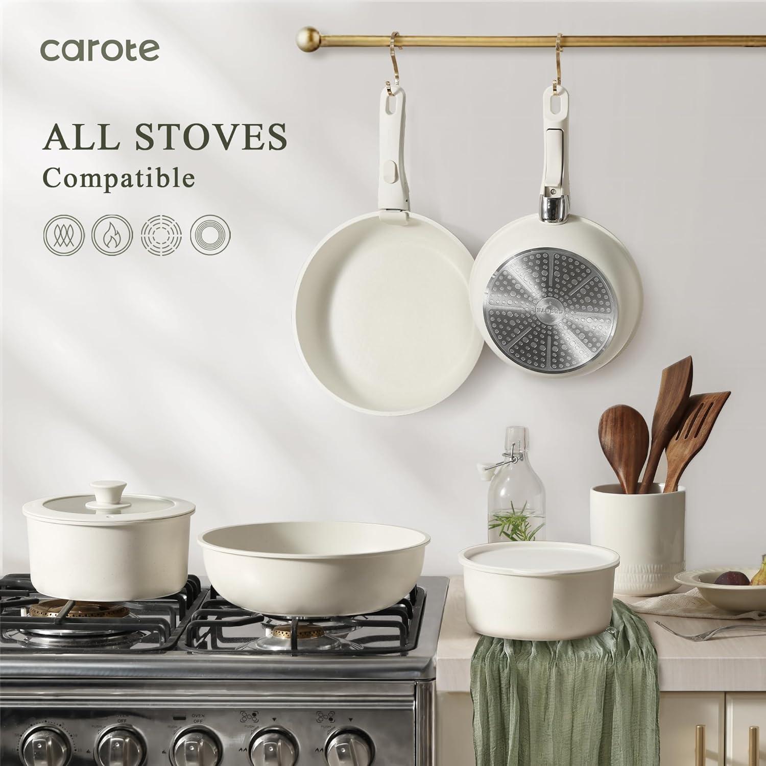 Carote Nonstick Cookware Sets, 11 Pcs Non Stick Pots and Pans Set with Removable Handle, White