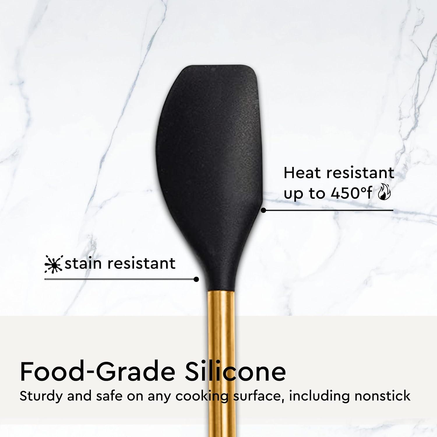 Black and Gold Kitchen Utensils Set 6PC Black Silicone Utensils Set Includes: Gold Tongs, Gold Whisk, Gold Serving Spoon, Gold Spatula & Turner-Black and Gold Kitchen Accessories & Gold Kitchen Decor
