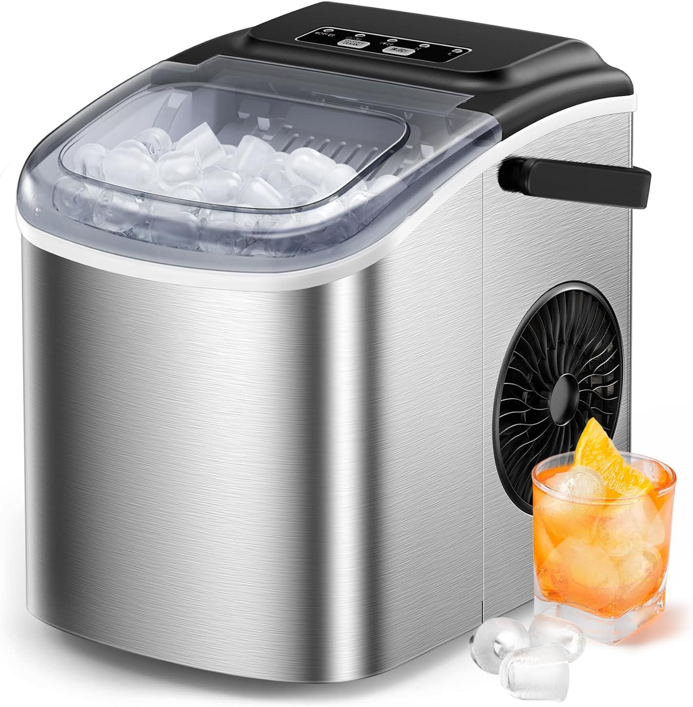 Silonn Stainless Steel Countertop Ice Maker - 9 Cubes in 6 Mins, 26lbs/24Hrs, Self-Cleaning, Includes Scoop & Basket, 2 Bullet Ice Sizes