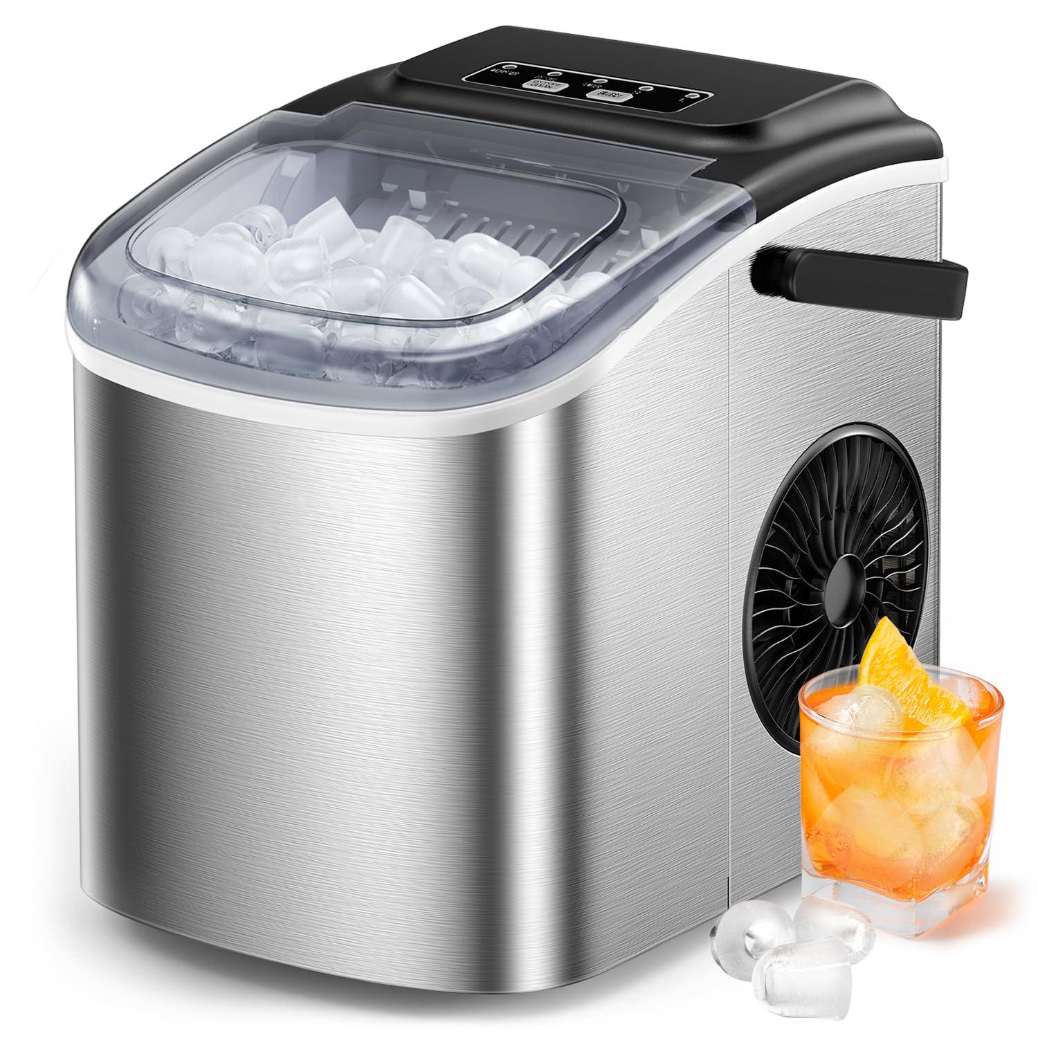 Silonn Stainless Steel Countertop Ice Maker - 9 Cubes in 6 Mins, 26lbs/24Hrs, Self-Cleaning, Includes Scoop & Basket, 2 Bullet Ice Sizes