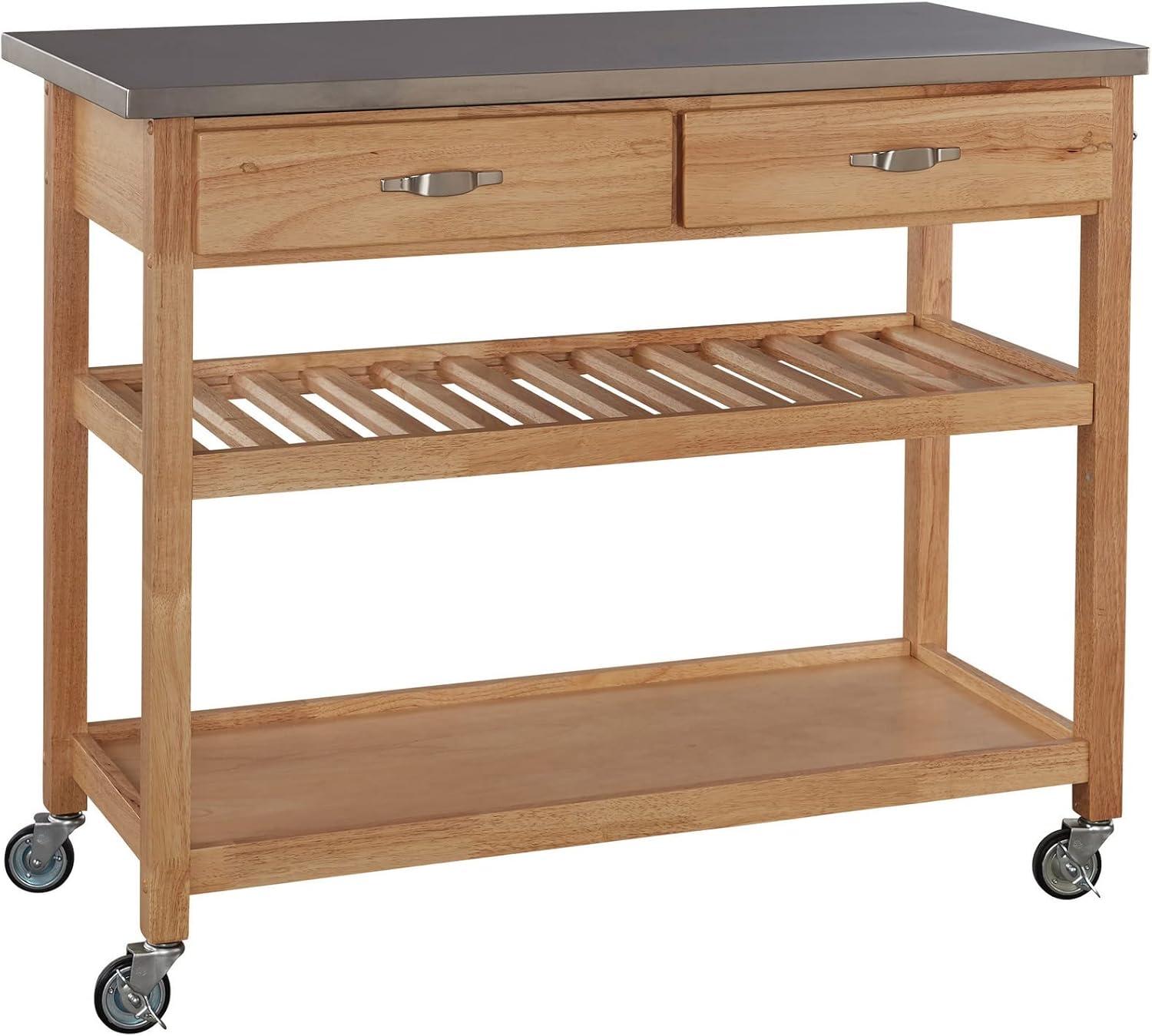 Natural Wood Kitchen Cart with Stainless Steel Top and Wine Rack