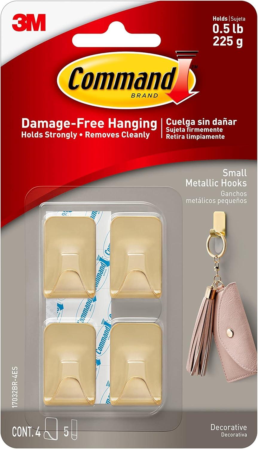 Command Small Sized Metallic Decorative Hooks Brass: Gold Wall Hooks, 0.5 lb Capacity, 4 Pack