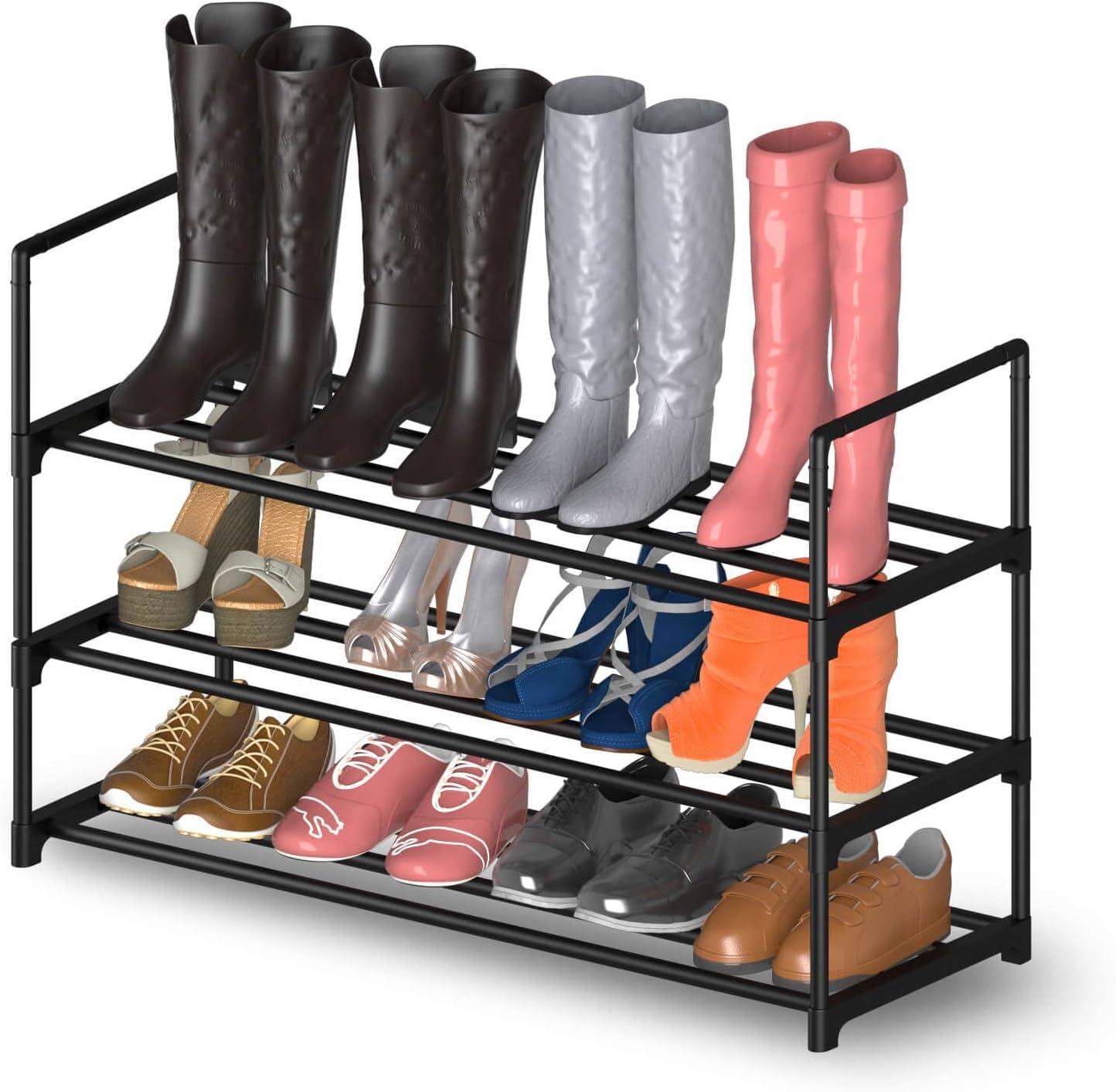 YASONIC Shoe Rack Storage Organizer, 3-Tier Black Shoe Shelf, 24 Pairs, Iron Poles & Plastic Connectors