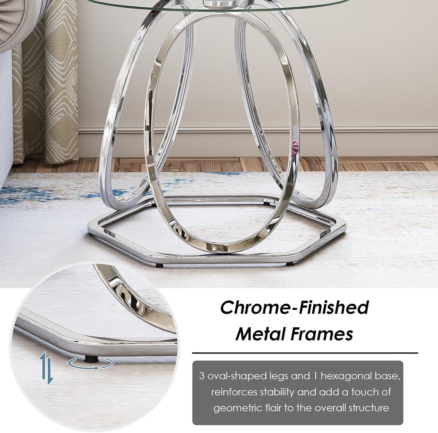 FURNITURE Silver Glass End Table for Living Room, Glass Side Table for Bedroom, Modern Round Glass Nightstand with Metal Frames for Home Office, Chrome Finish, 1 PC