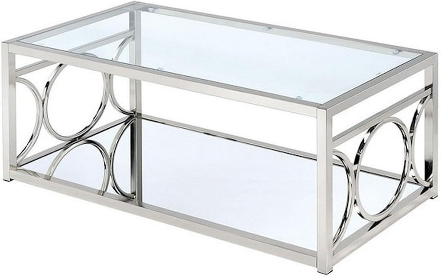 Paire 47 Inch Coffee Table Glass Top Mirrored Bottom Shelf Metal Accents - Saltoro Sherpi