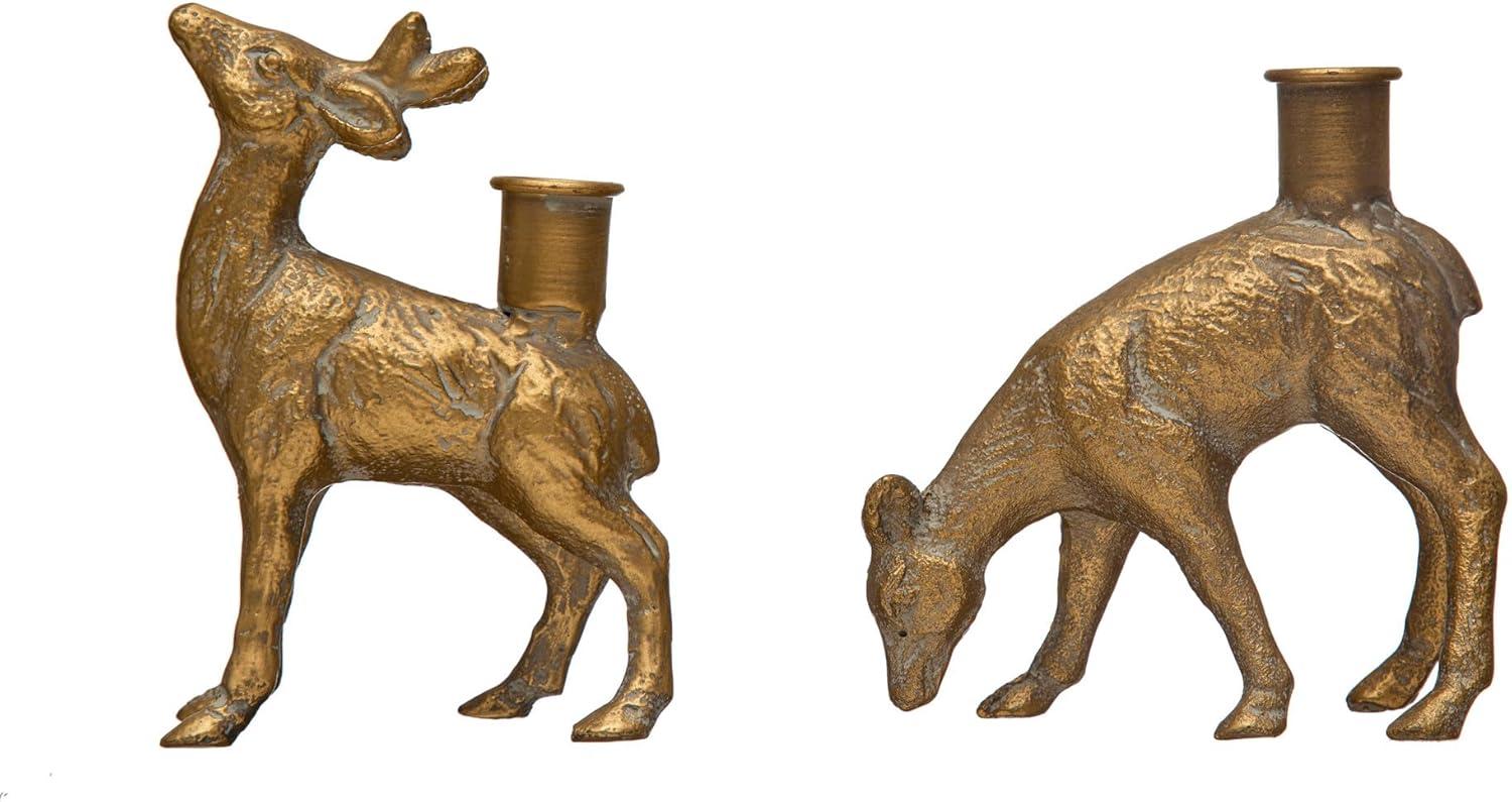 Antique Gold Cast Iron Deer Taper Candle Holders