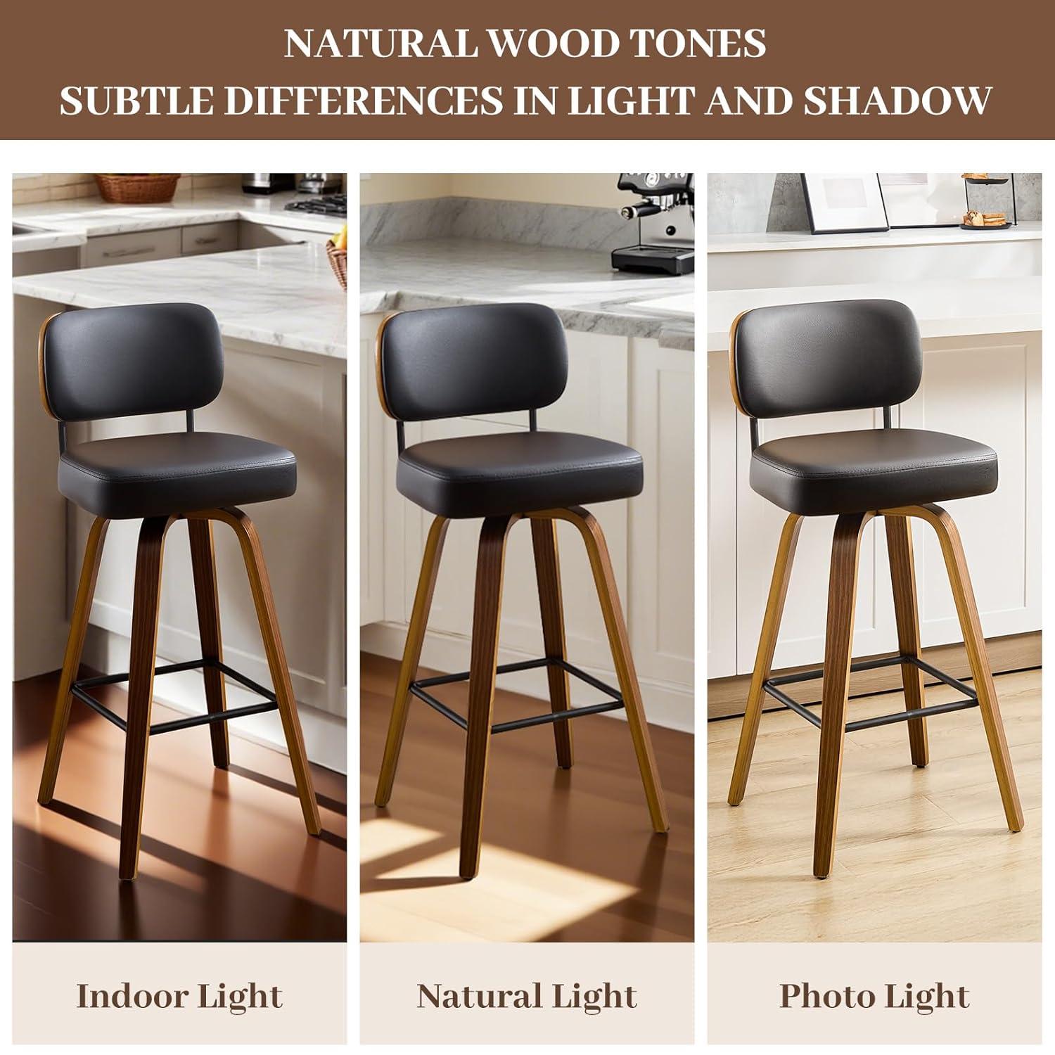 INKEDZ Swivel Counter Height Bar Stools Set of 3, Upholstered Faux Leather Barstools with Rattan Back, 26" Seat Height Bar Chairs for Kitchen Island, Bentwood Wood Frame, Cream White