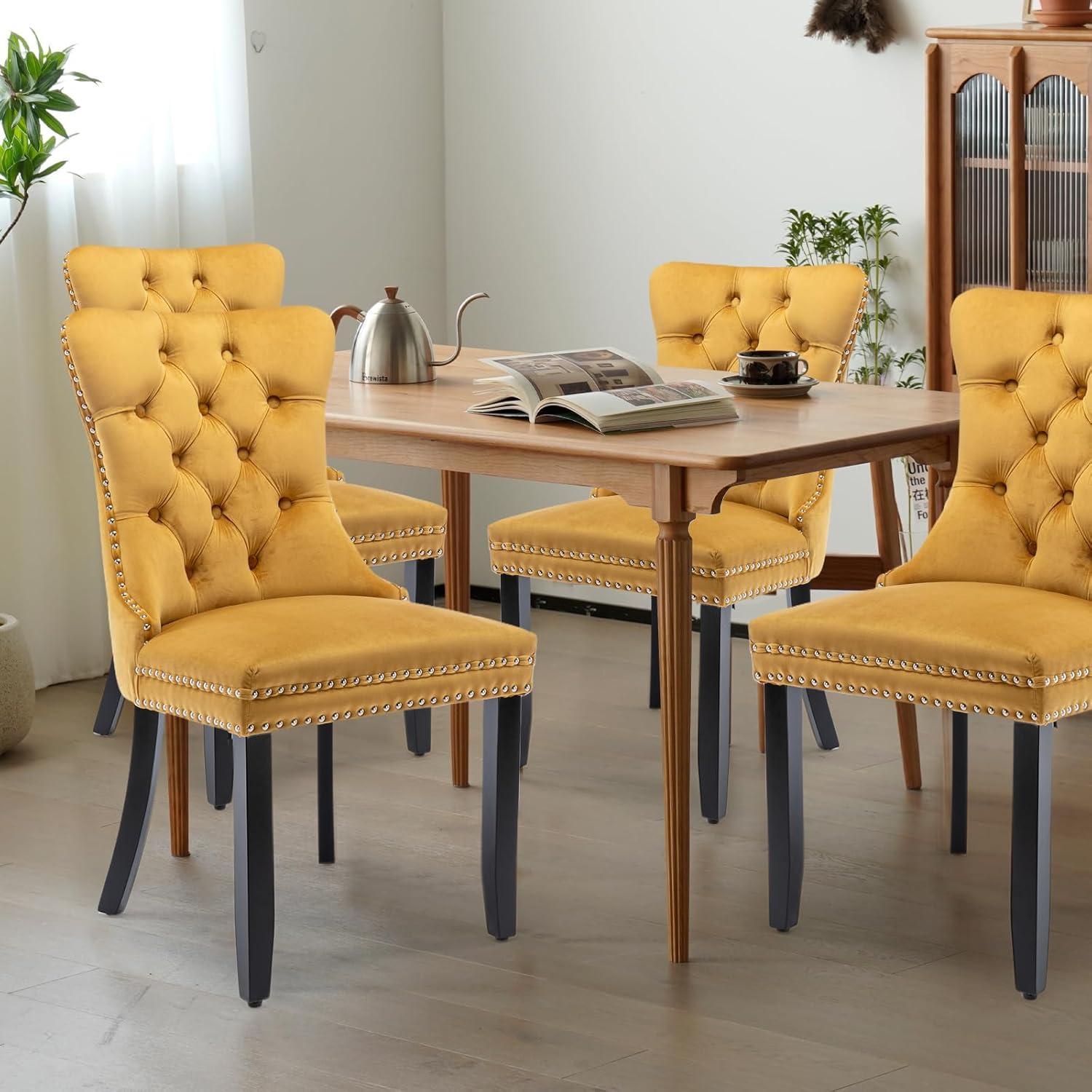 ODUSE-DAILY Yellow Velvet Dining Chairs Set of 4, Kitchen & Dining Room Chairs, Sillas De Comedor, Nailheads Tufted, Fabric Upholstered, Solid Wood (Gold, 4 Pcs)