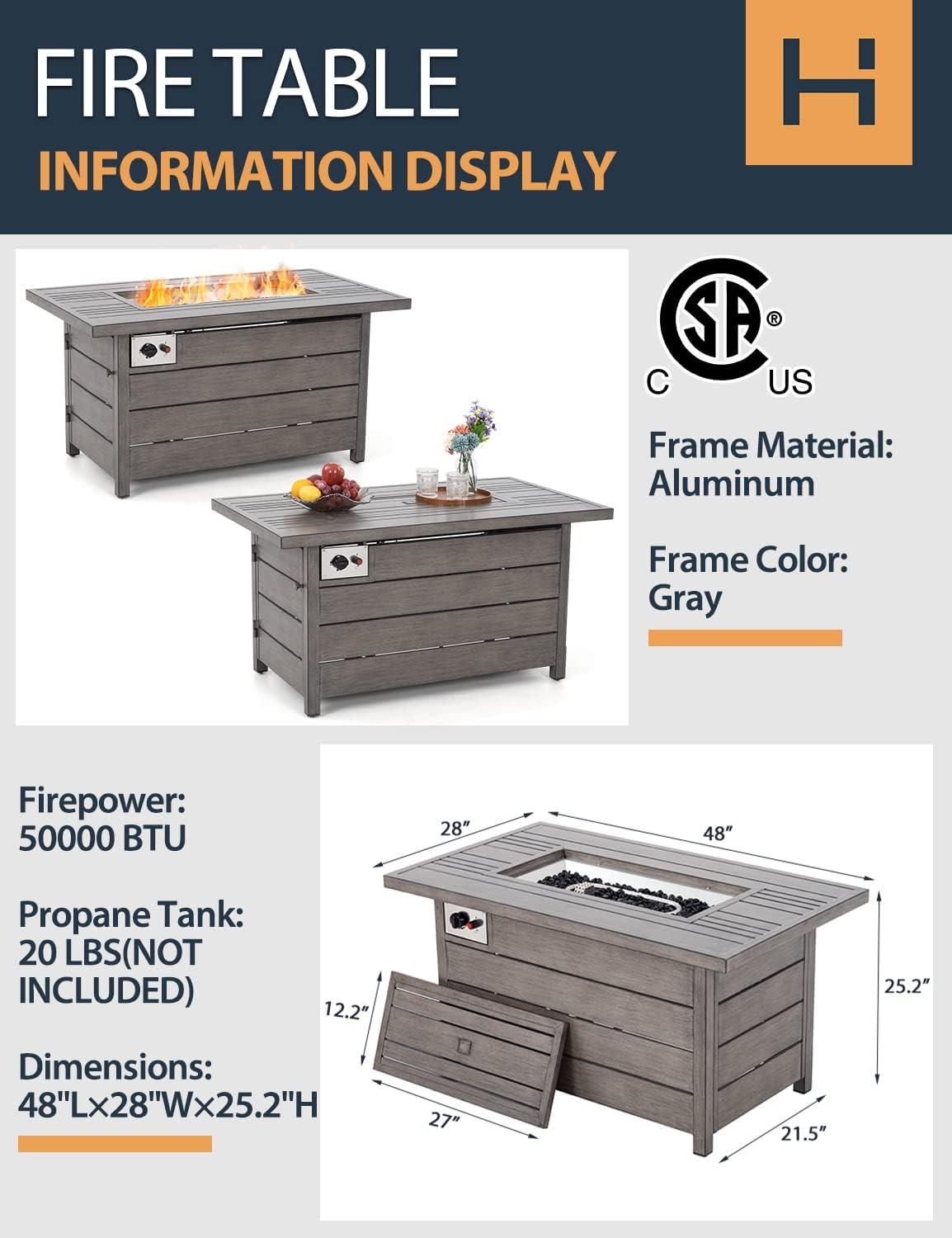 Gray Aluminum Gas Fire Pit Table with Slatted Top