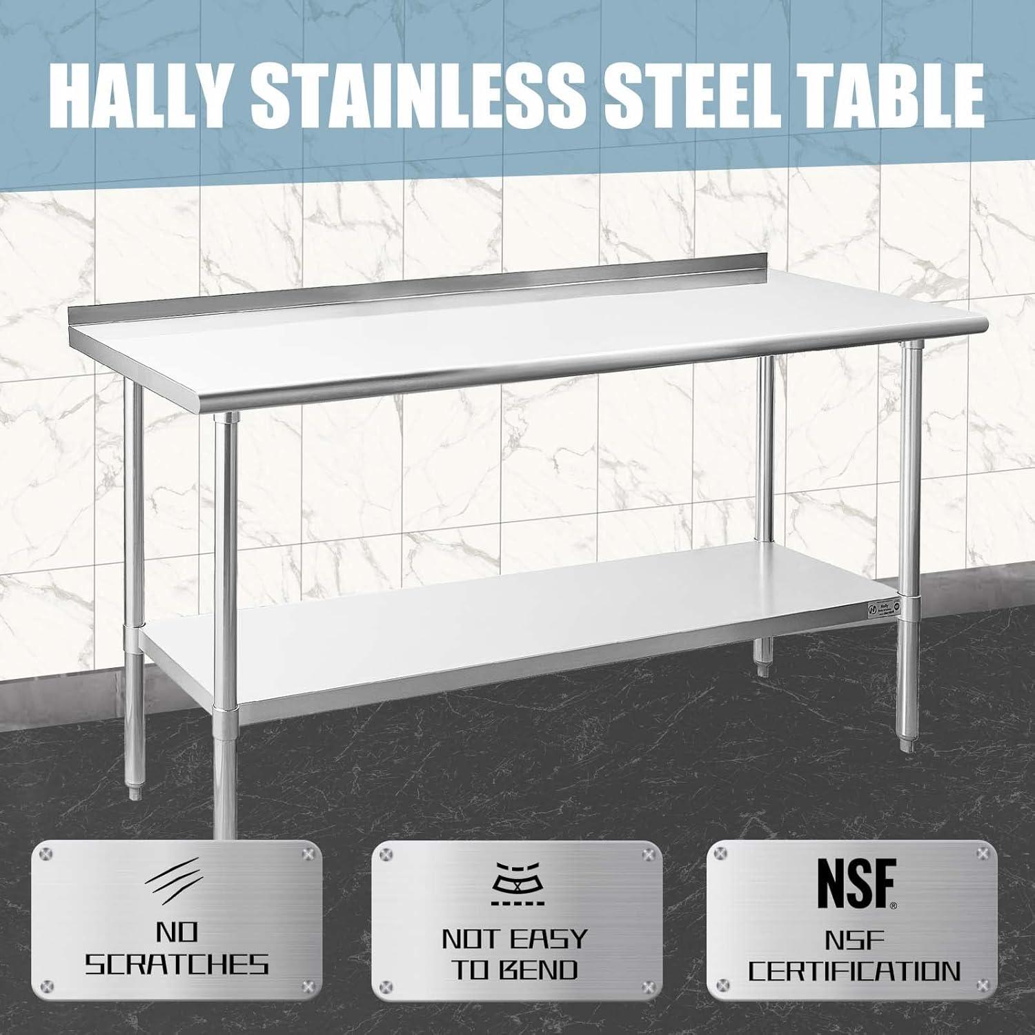 Hally Sinks & Tables HStainless Steel Table for Prep & Work 24 x 72 Inches, NSF Commercial Heavy Duty Table with Undershelf and Backsplash for Restaurant, Home and Hotel