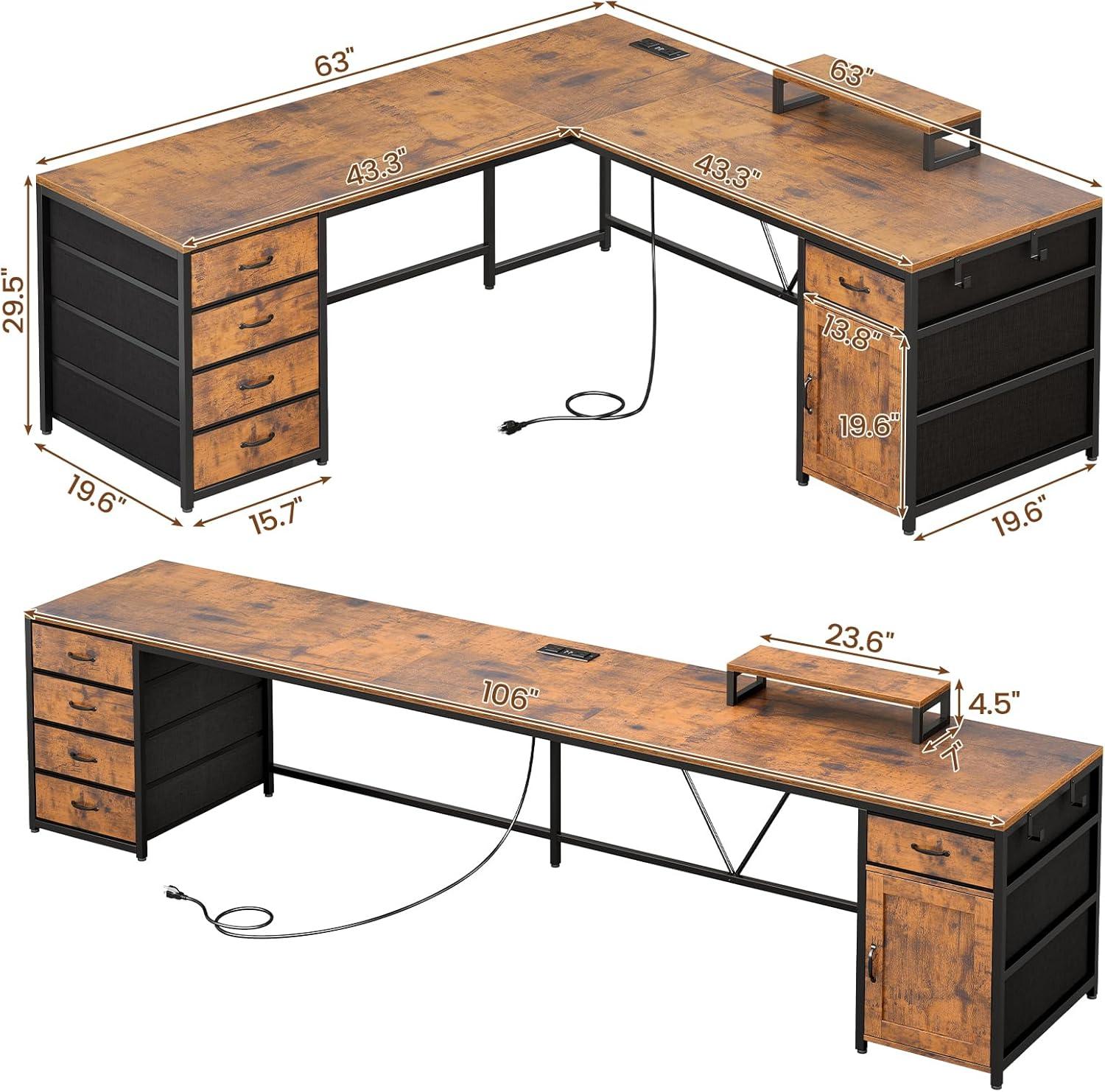 L-Shape Computer Desk with Shelf and Drawer, 63" Corner Desk Two Person Desk with Charging Station Port and Storage Cabinet,Brown