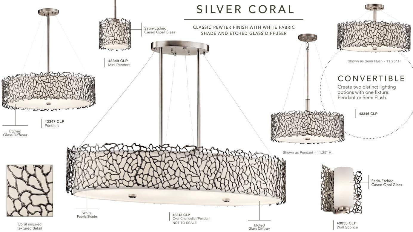 Silver Coral 11" 3 Light Convertible Pendant with Etched Diffuser and White Fabric Shade in Classic Pewter