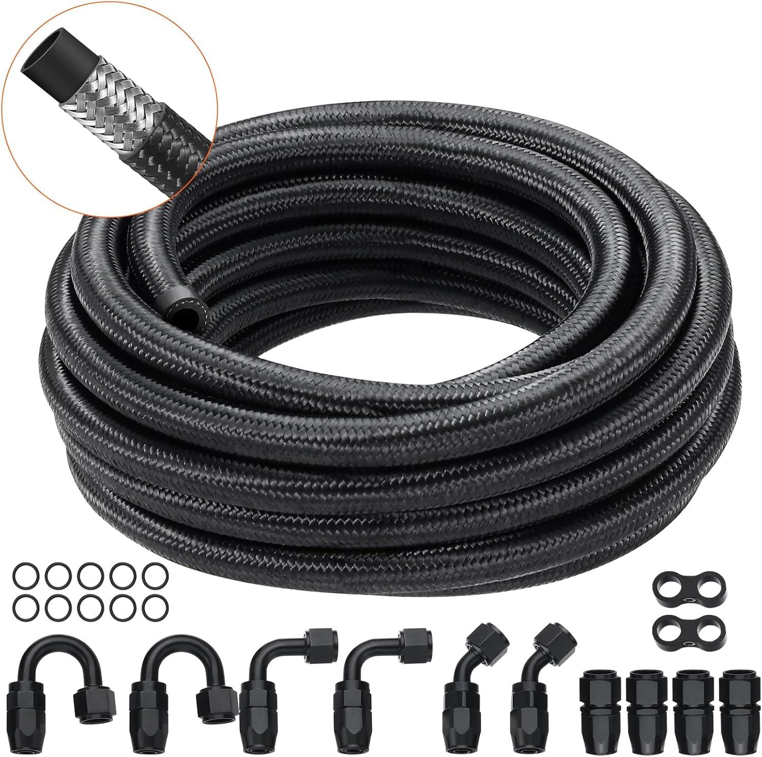 VEVOR 6AN Fuel Line Kit, 20 FT Fuel Hose Kit, 0.34" Nylon Stainless Steel Braided Fuel Line Oil/Gas/Diesel Hose End Fitting Kit, with 12 PCS Swivel Fitting Adapter Kit, Black