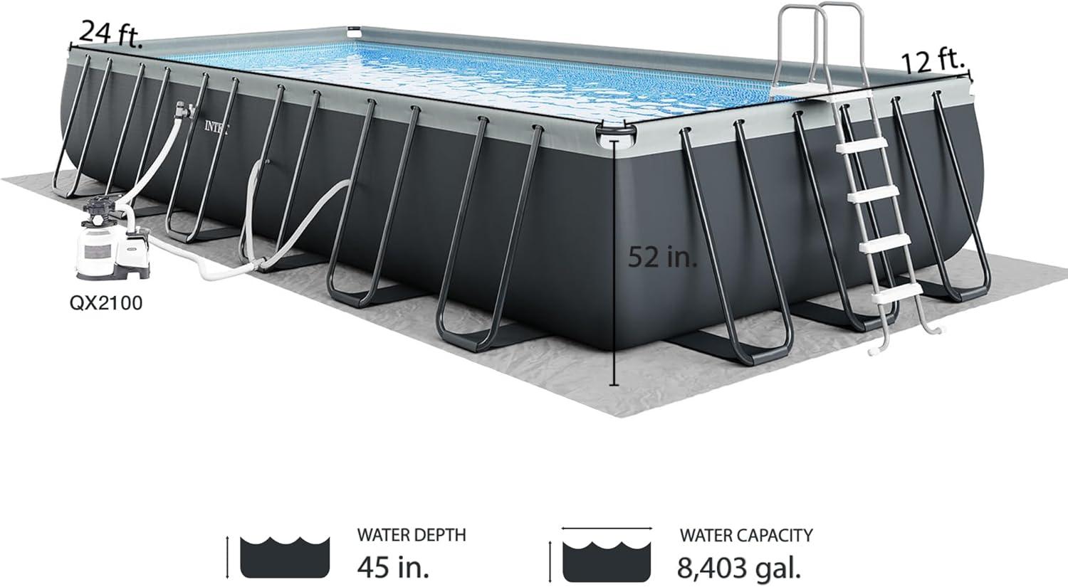 Gray 24ft Rectangular Steel Frame Pool with Pump and Filter