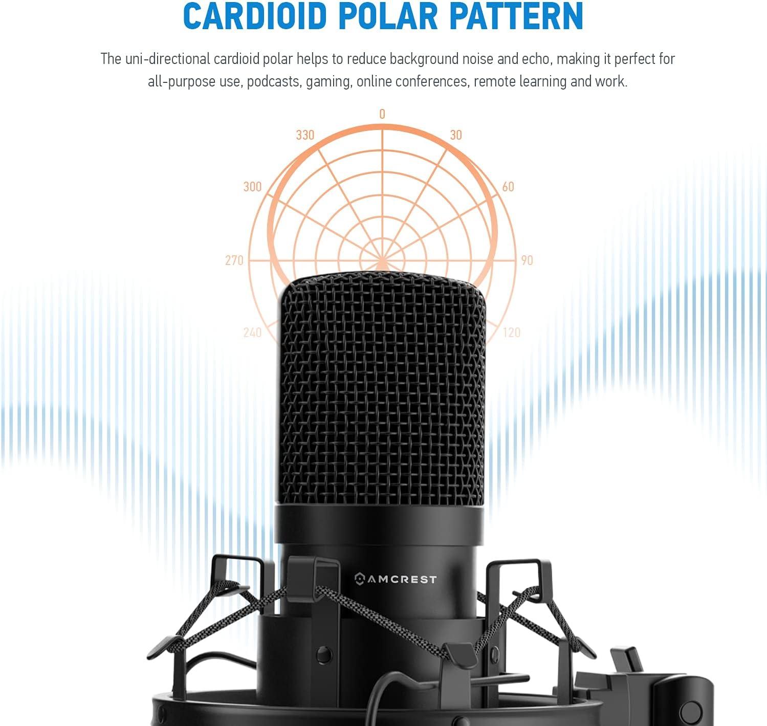 Amcrest USB Microphone for Voice Recordings, Podcasts, Gaming, Online Conferences, Live Streaming, Cardioid Microphone with Boom Arm, Pop-Filter, Shock Mount, AM430-BPS