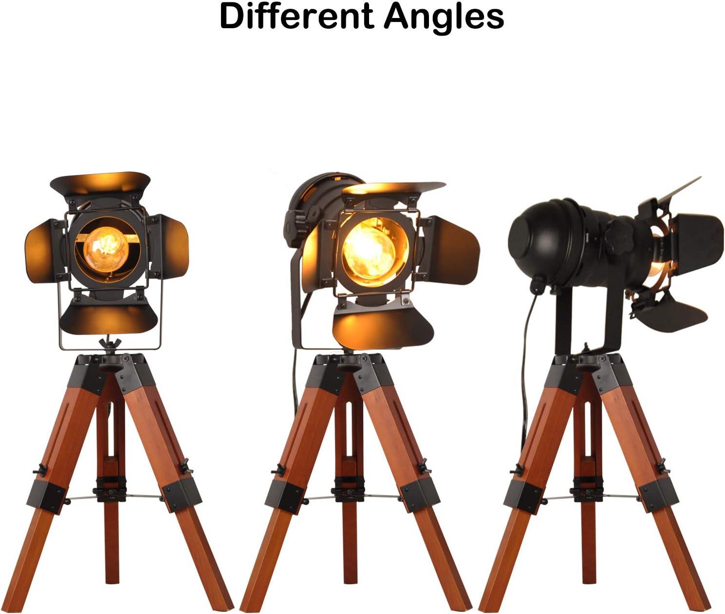 Modern Industrial Vintage Tripod Floor Table Lamp - Metal Wooden Nautical Cinema Standing Searchlight - Reading Light for Living Room Movie Theatre Decoration Adjustable Height (excluding Bulb)