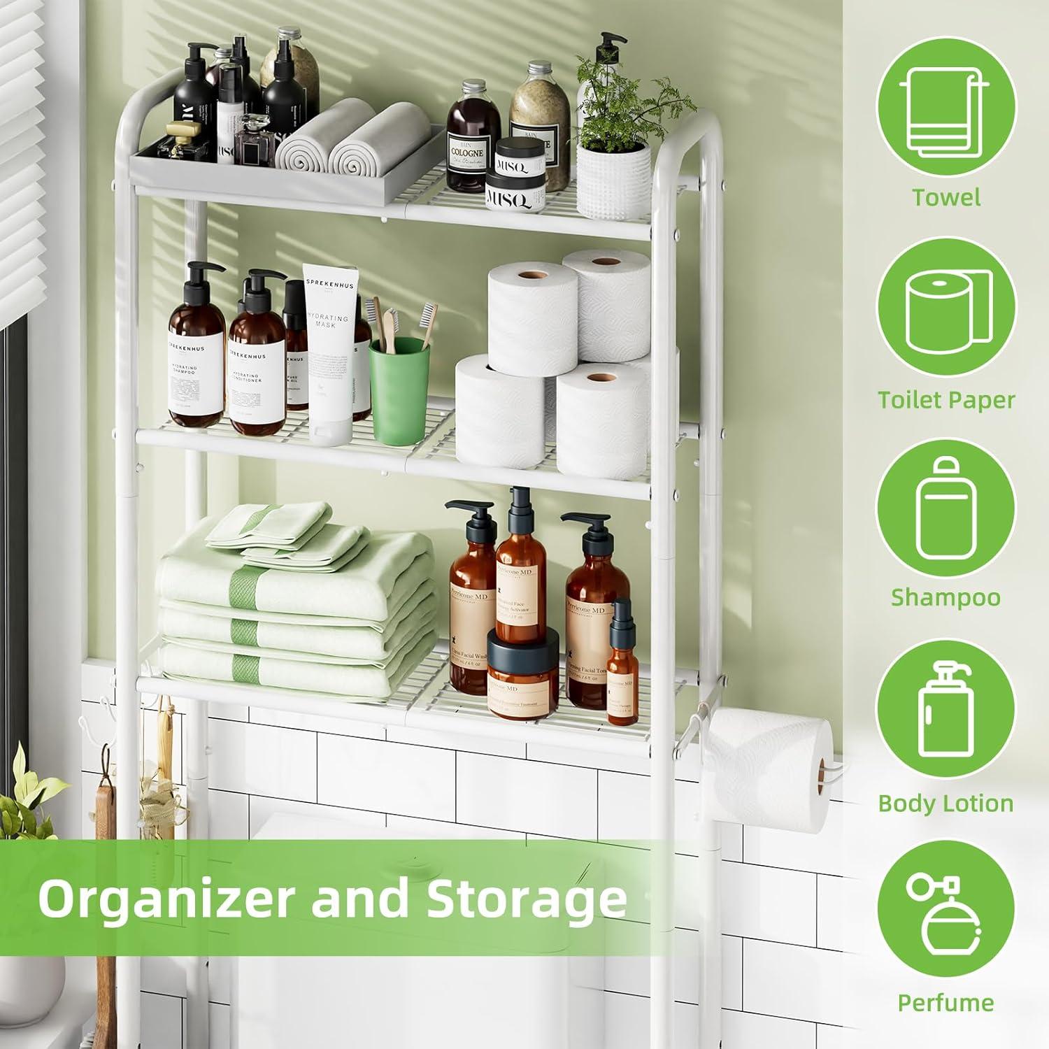 Over The Toilet Storage Shelf For Bathroom, 3-Tier Above Toilet Rack Bathroom Organizer With Adjustable Shelves And Hanging Hooks, Easy To Assemble & Space Saving, White