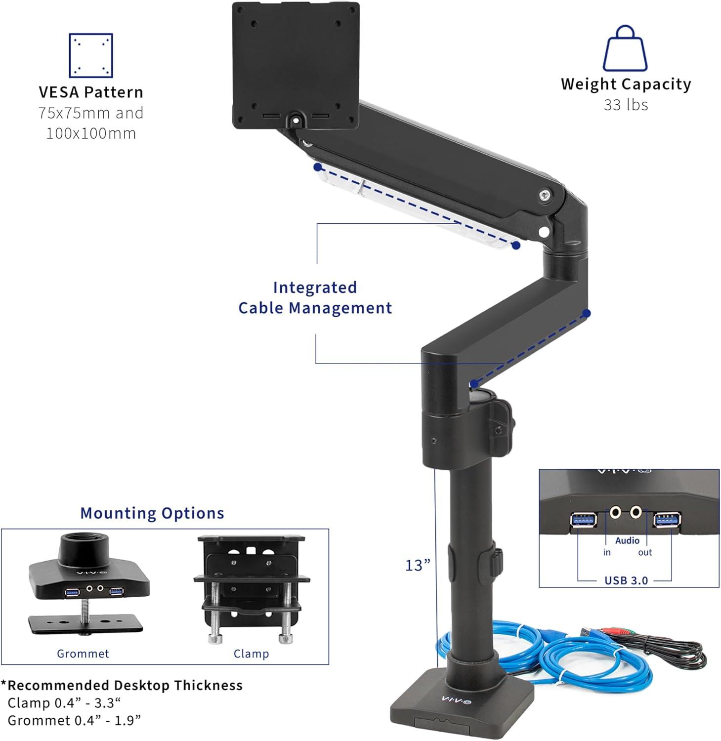 Pneumatic Arm Single Monitor Desk Mount with USB