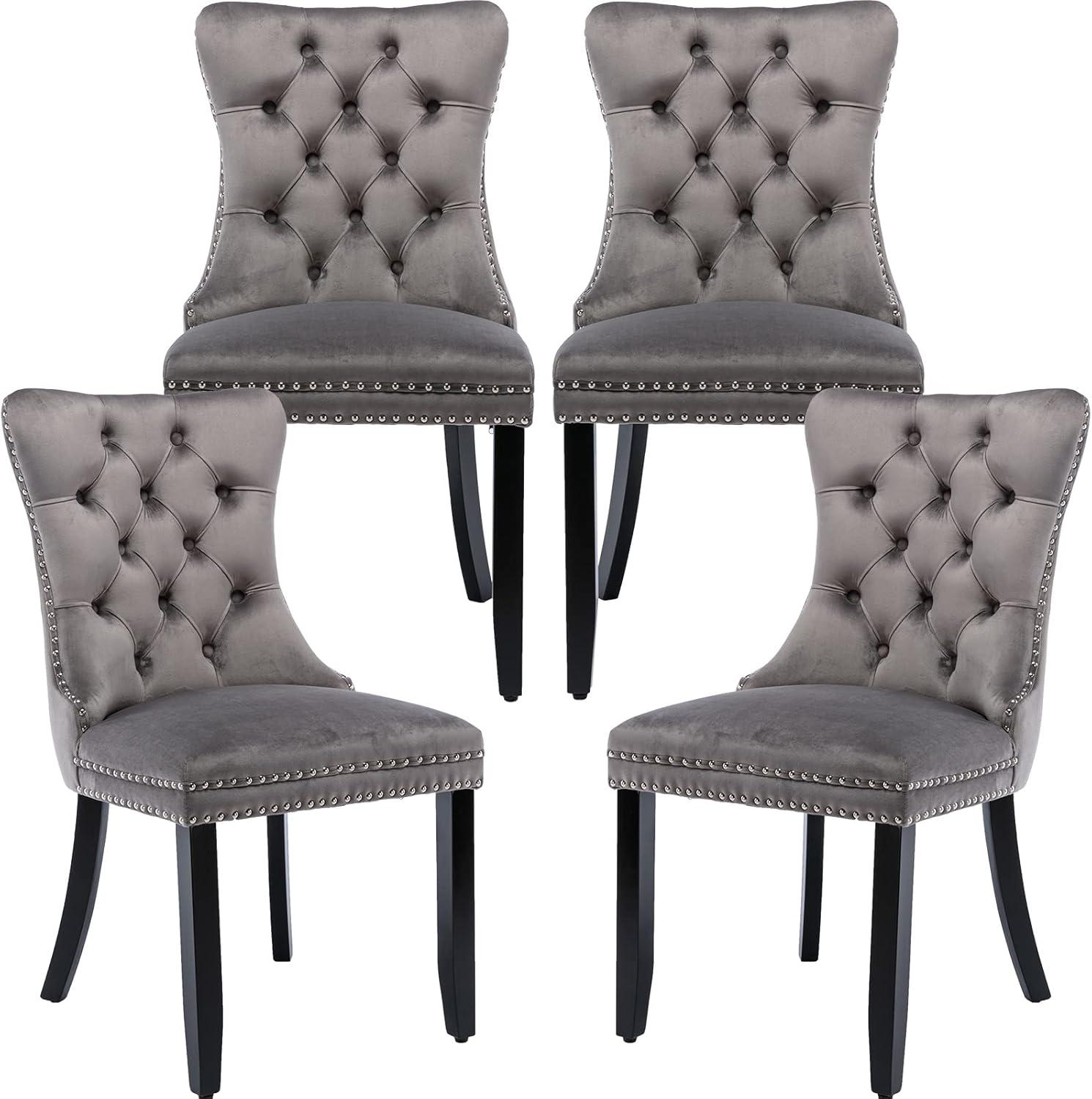 Modern Velvet Upholstered Dining Chairs with Back Button Nailhead Trim Accent Side Chairs with Wood Legs for Kitchen Dining Room(Gray,Set of 4)