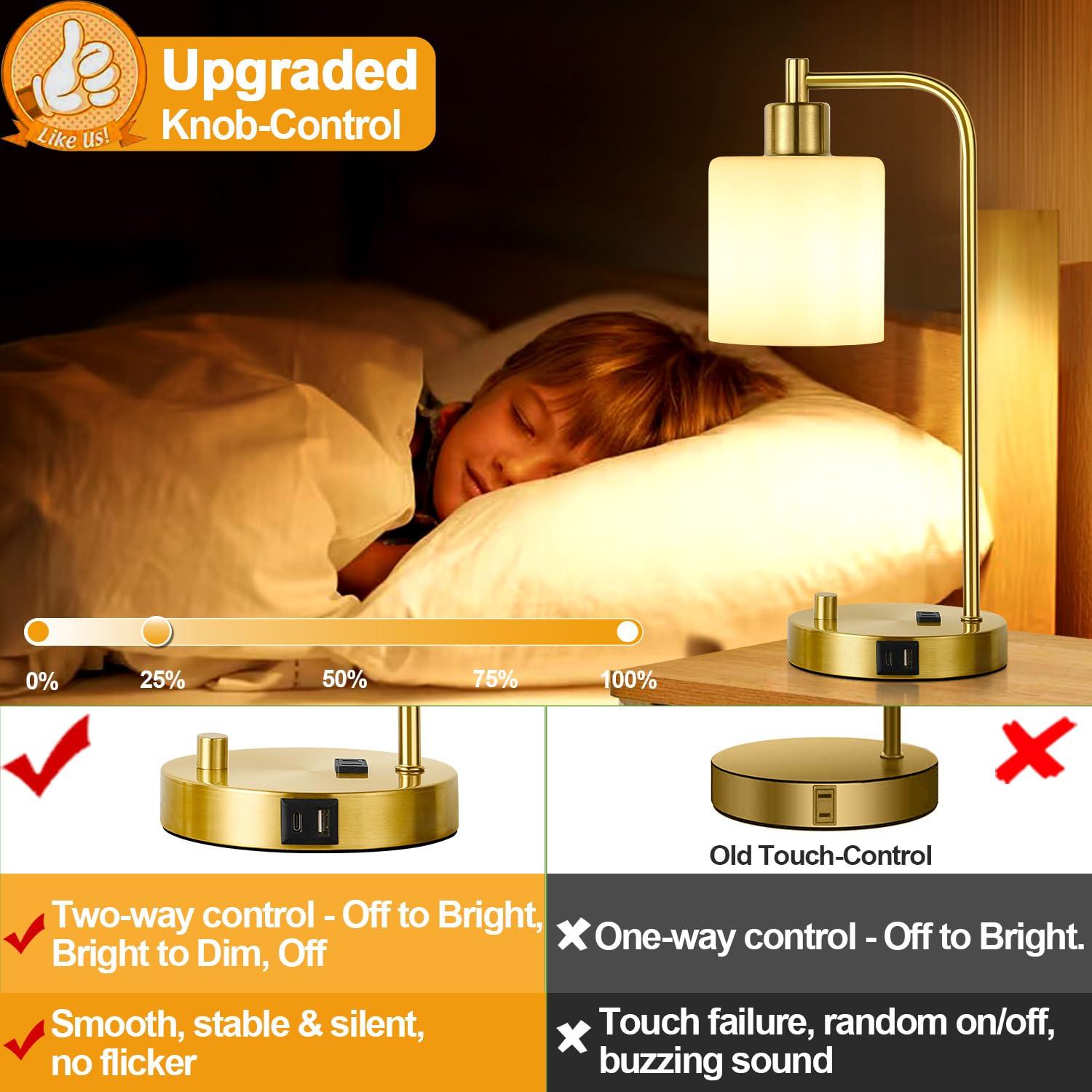 【Upgraded】Set of 2 Industrial Table Lamps with 2 USB Port, Fully Stepless Dimmable Bedside Lamps for Bedroom, Nightstand Desk Lamps with Glass Shade for Bedroom Living Room Office 2 LED Bulb Included