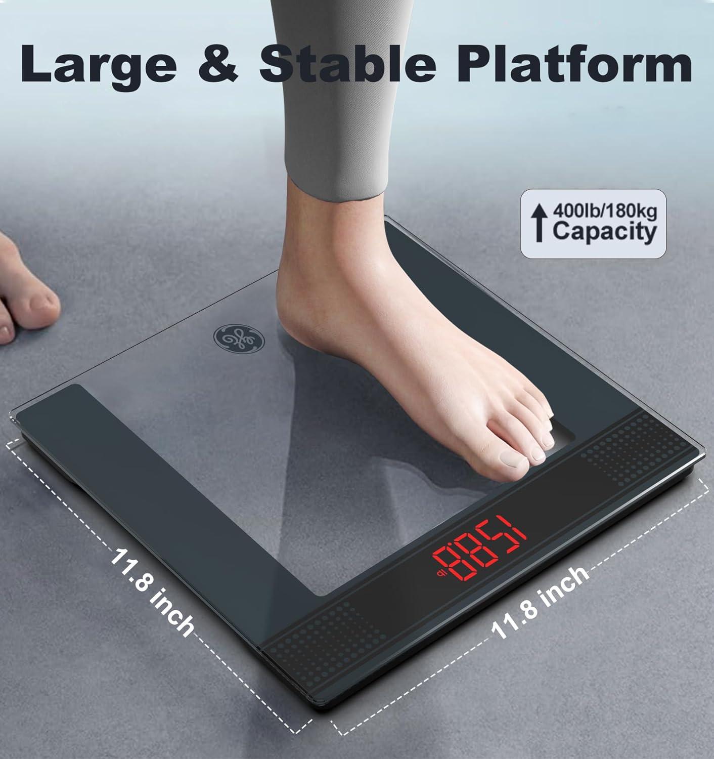 GE Bathroom Scale for Body Weight: Highly Accurate Digital Scale Weighing Machine with Clear Tempered Glass, 11.8" Large Platform, Compact Design, LED Display, 400 lbs, 4 Units, with Body Tape Measure