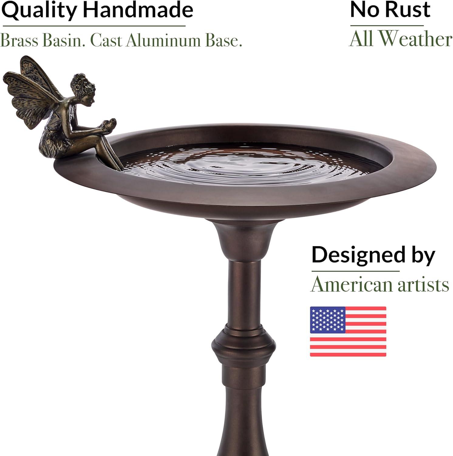 Bronze Fairy Pedestal Bird Bath with Brass Basin