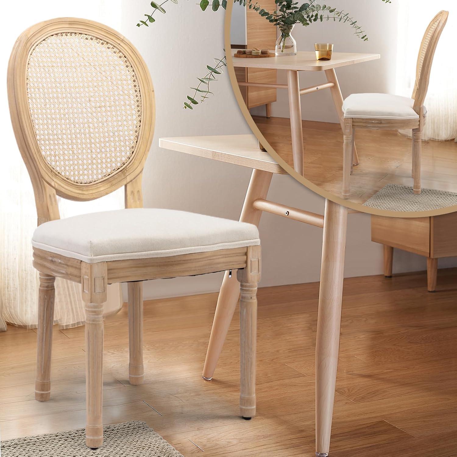 One Allium Way® French Style Rattan Back Solid Wood Upholstered Dining Chairs(Set of 6)