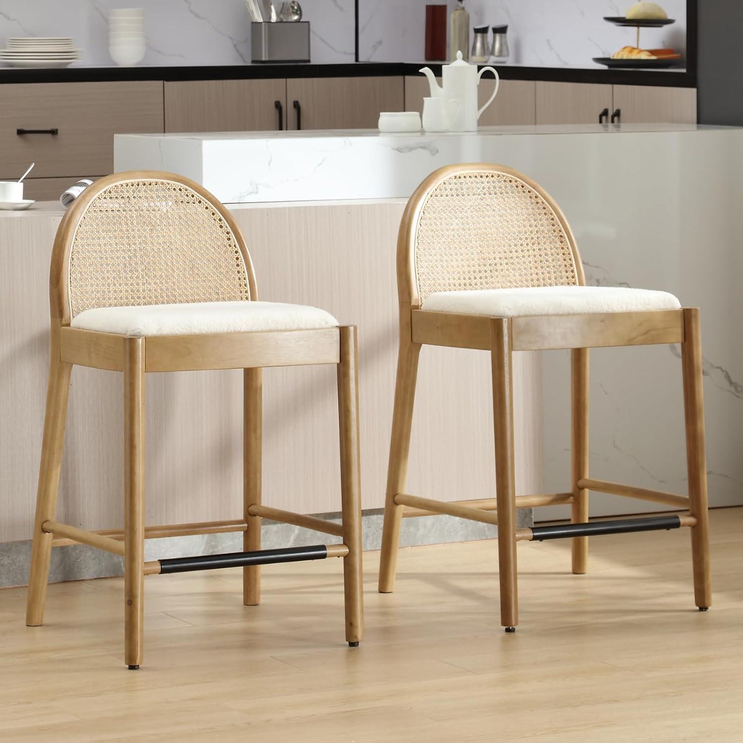 Bayou Breeze Emington Modern Bar Stools Counter Height Bar Stools with Rattan Backrests and Wood Frame (Set of 2)