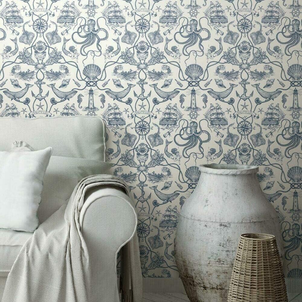 RoomMates Deep Sea Toile Blue Peel and Stick Wallpaper: Nautical Vinyl, Mermaid & Seahorses, Self-Adhesive, 28.18 Sq Ft Coverage