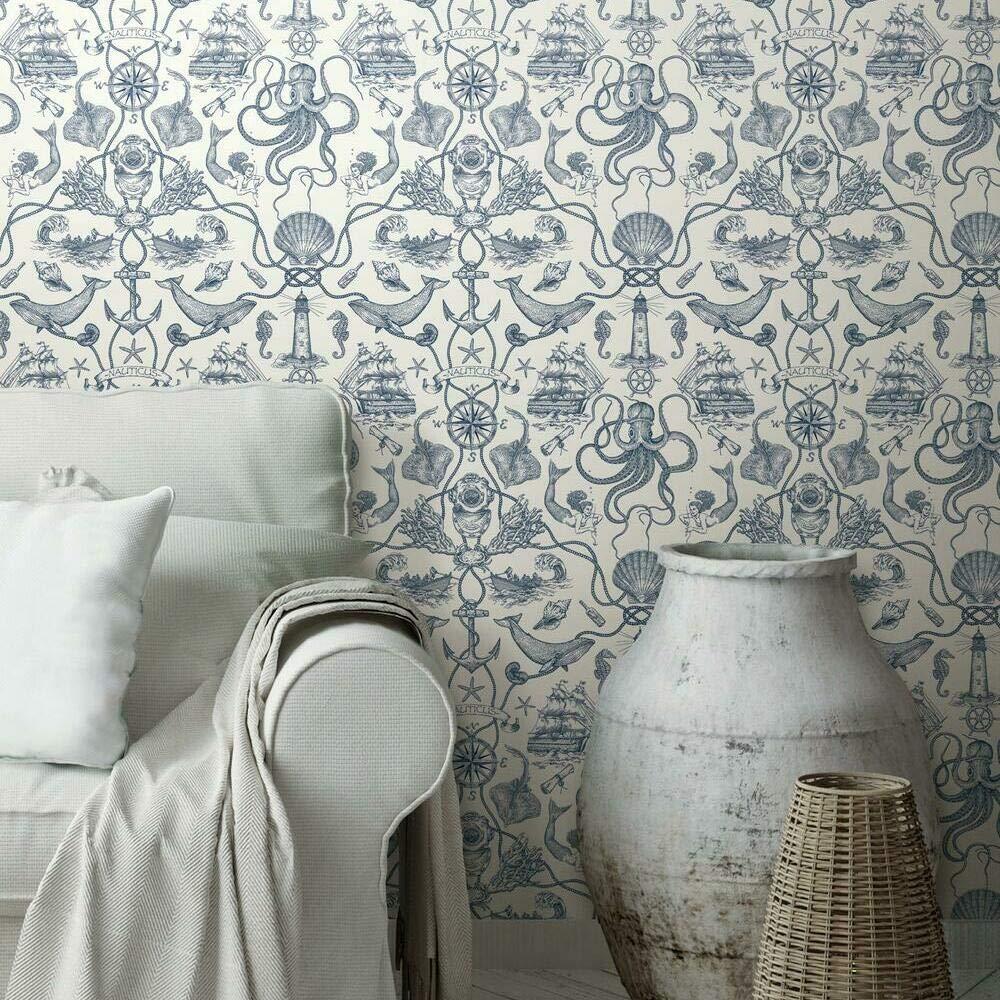 RoomMates Deep Sea Toile Blue Peel and Stick Wallpaper: Nautical Vinyl, Mermaid & Seahorses, Self-Adhesive, 28.18 Sq Ft Coverage