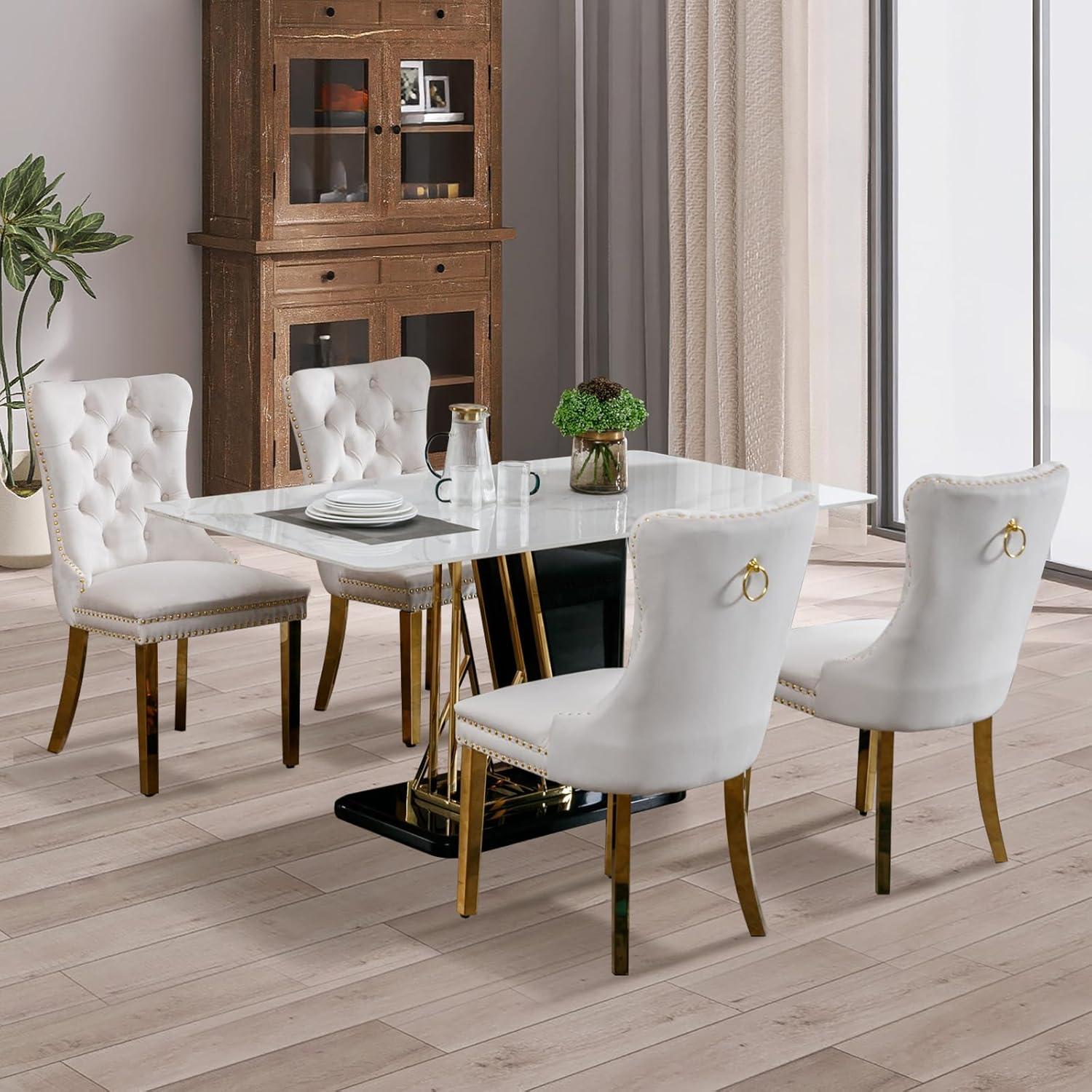 SoarFlash Velvet Dining Chair Set of 4, Upholstered Tufted Dining Room Chair with Nailhead Trim, Solid Gold Plated Leg for Kitchen (Beige)