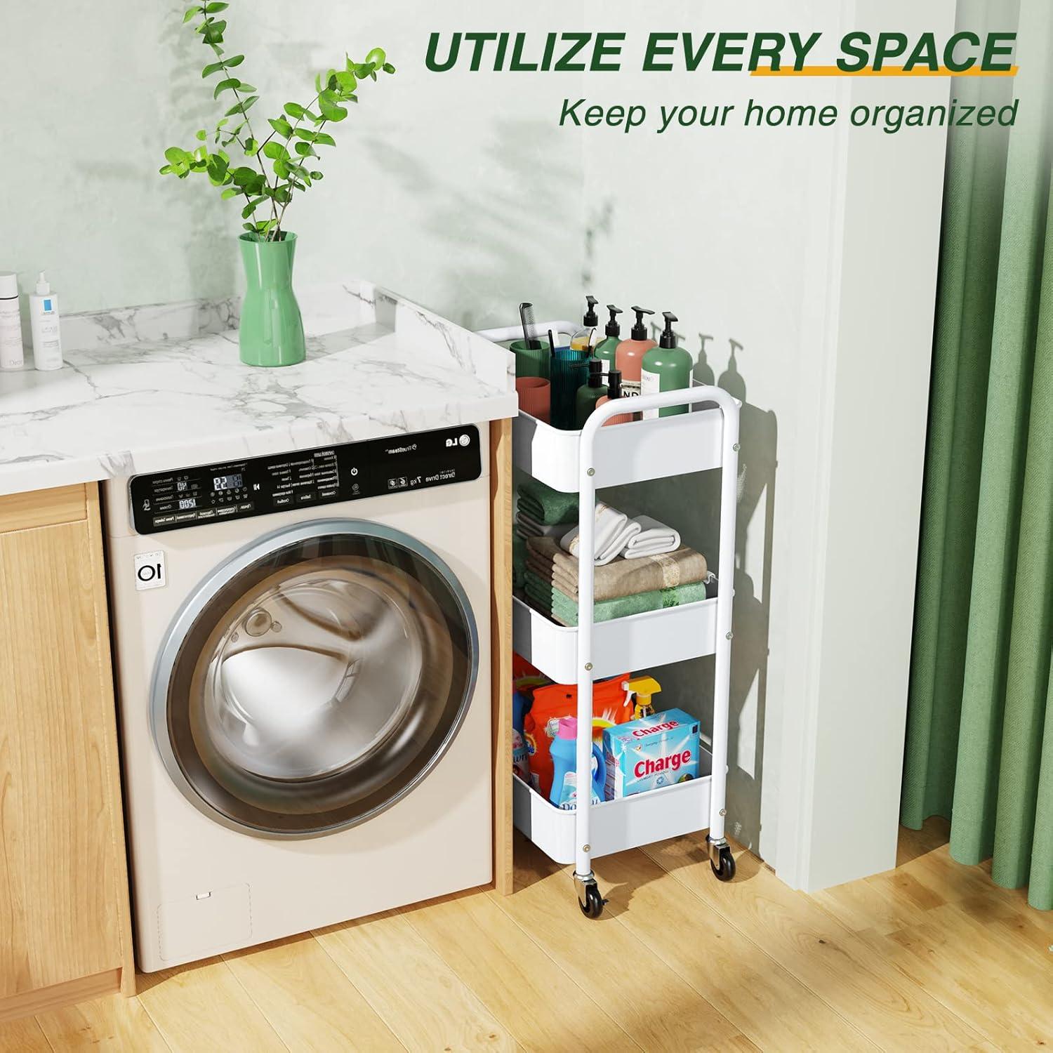 LEHOM 3 Tier Rolling Utility Cart, Metal Trolley Cart with Wheels, Hooks, Easy Assembly Organizer Storage Cart for Bathroom, Kitchen, Office, Bedroom(White)