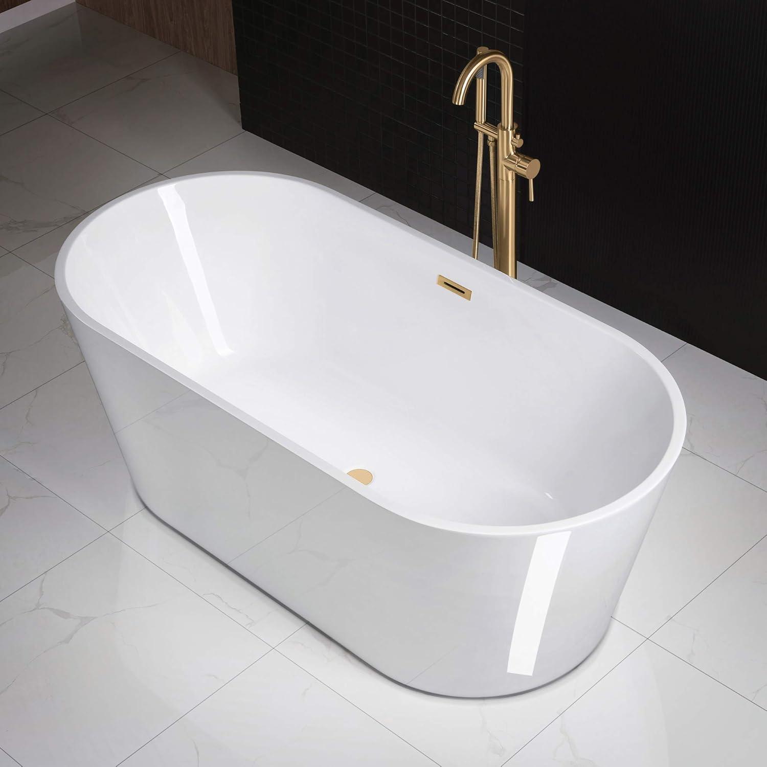 WOODBRIDGE 67" Acrylic Freestanding Bathtub Contemporary Soaking White Tub with Brushed Gold Overflow and Drain，B0013-BG