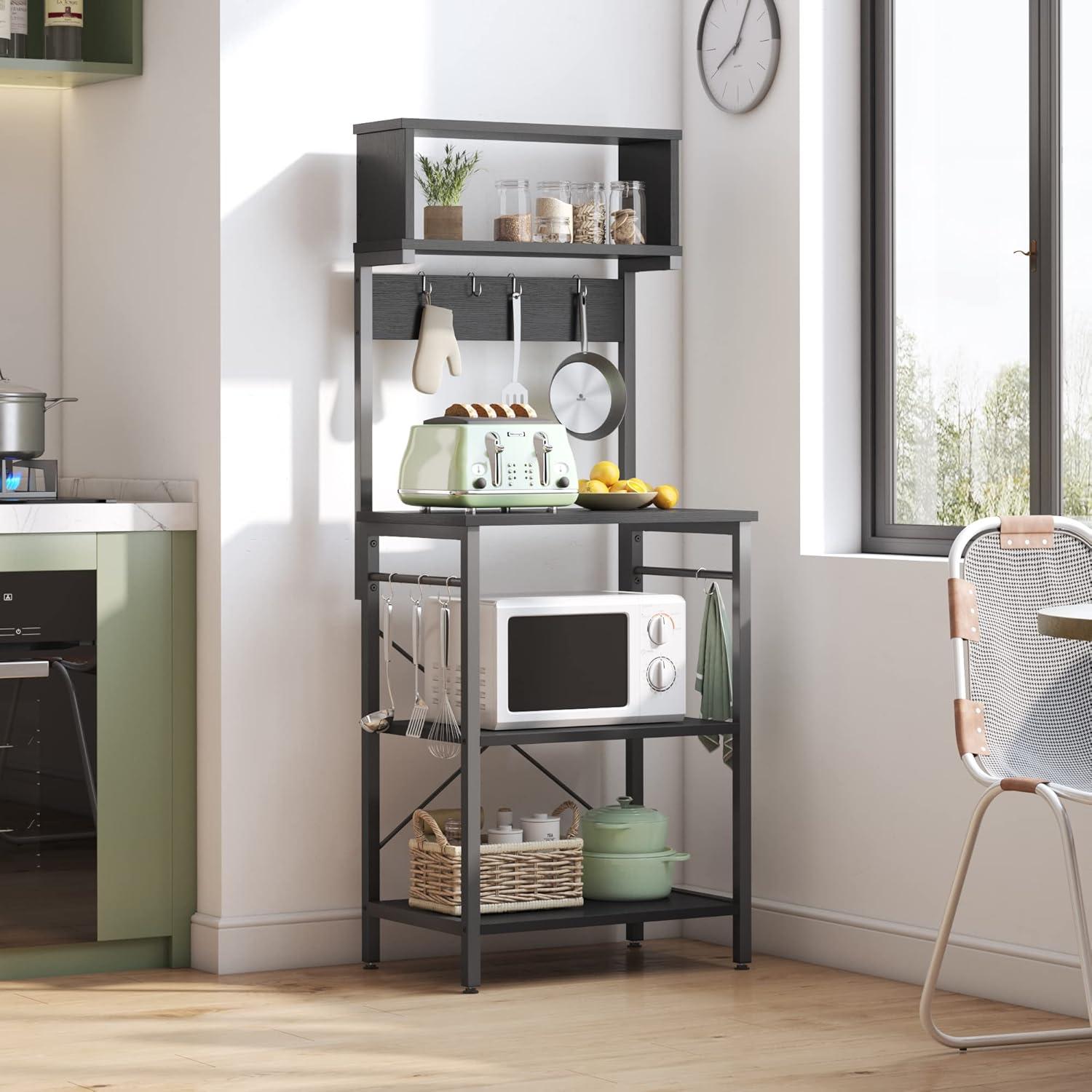 Bestier Kitchen Baker's Rack Microwave Oven Stand Kitchen Shelf with Hutch 8 Side Hooks Coffee Station Utility Storage Shelf for Kitchen Dining Room Living Room