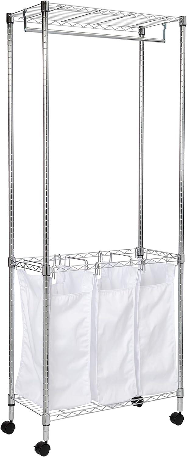 Honey-Can-Do Steel Rolling 3-Bag Laundry Center with Hanging Rod and Shelf, Chrome/White