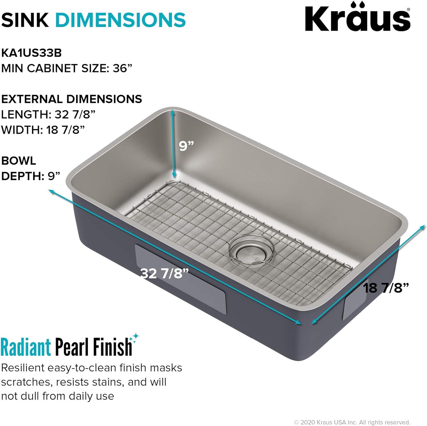 Dex™️ Series KRAUS 33" L Undermount 16 Gauge Stainless Steel Single Bowl Kitchen Sink