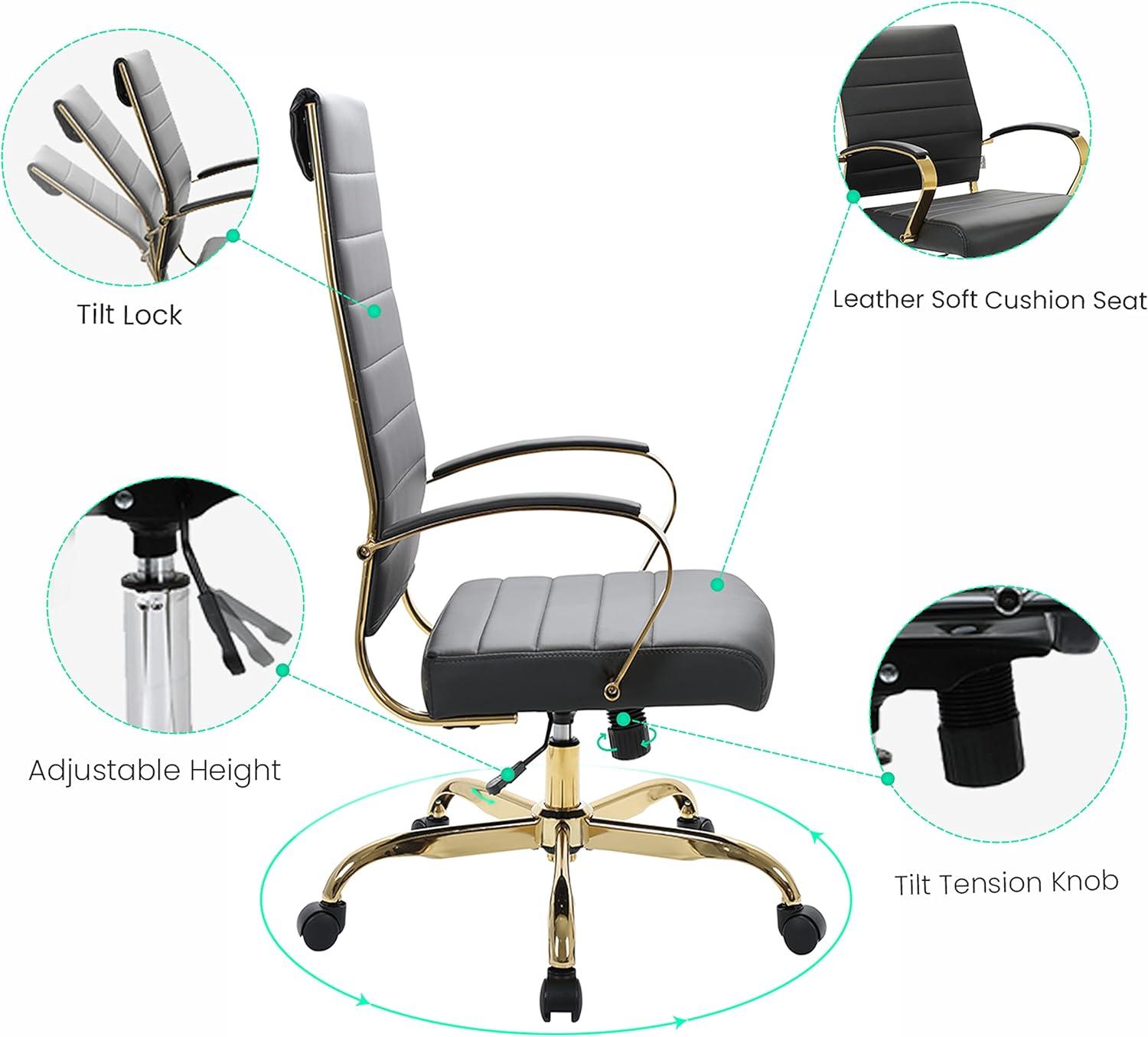 LeisureMod Benmar High-Back Leather Office Chair with Swivel, Tilt, Adjustable Height, Ergonomic Design for Home Office, Study, or Workspace